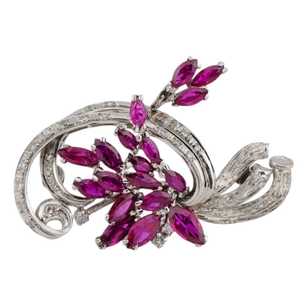Silver Brooch with Natural Thai Rubies (No Heat) and Diamonds