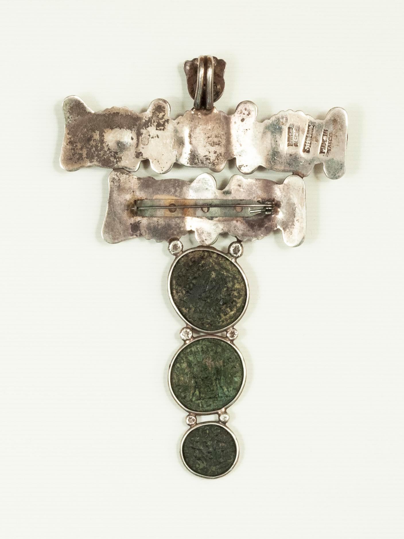Artisan Silver Brooch with Three Bezel-set Coins, Rancho Alegre, Mexico For Sale