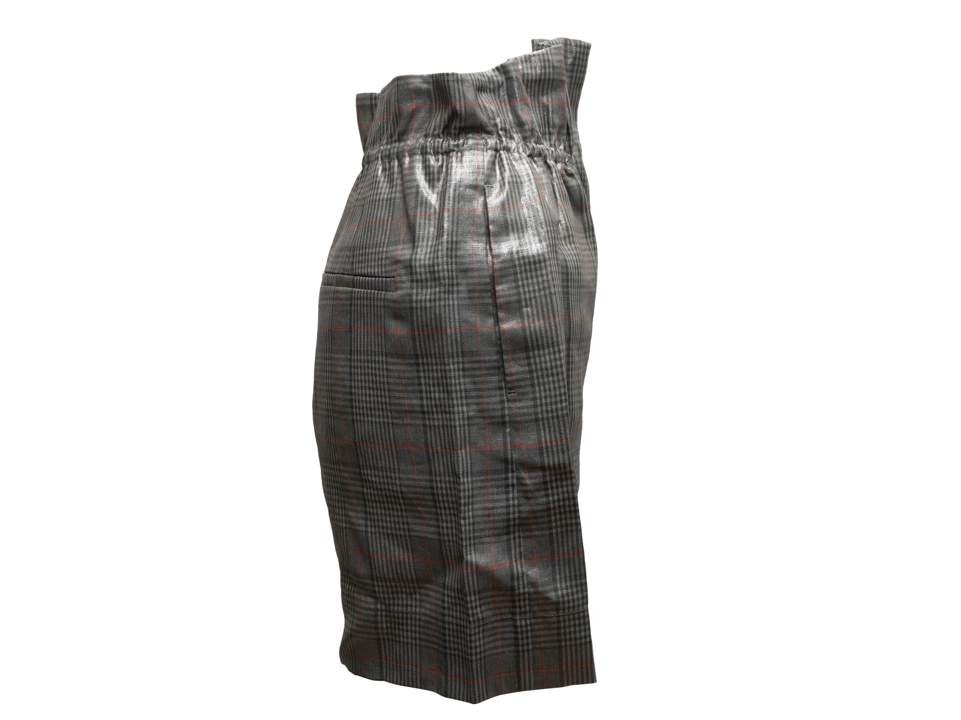 Product Details: Silver metallic Glen plaid linen shorts by Brunello Cucinelli. Paper bag waist. Four pockets. Front closure. 25