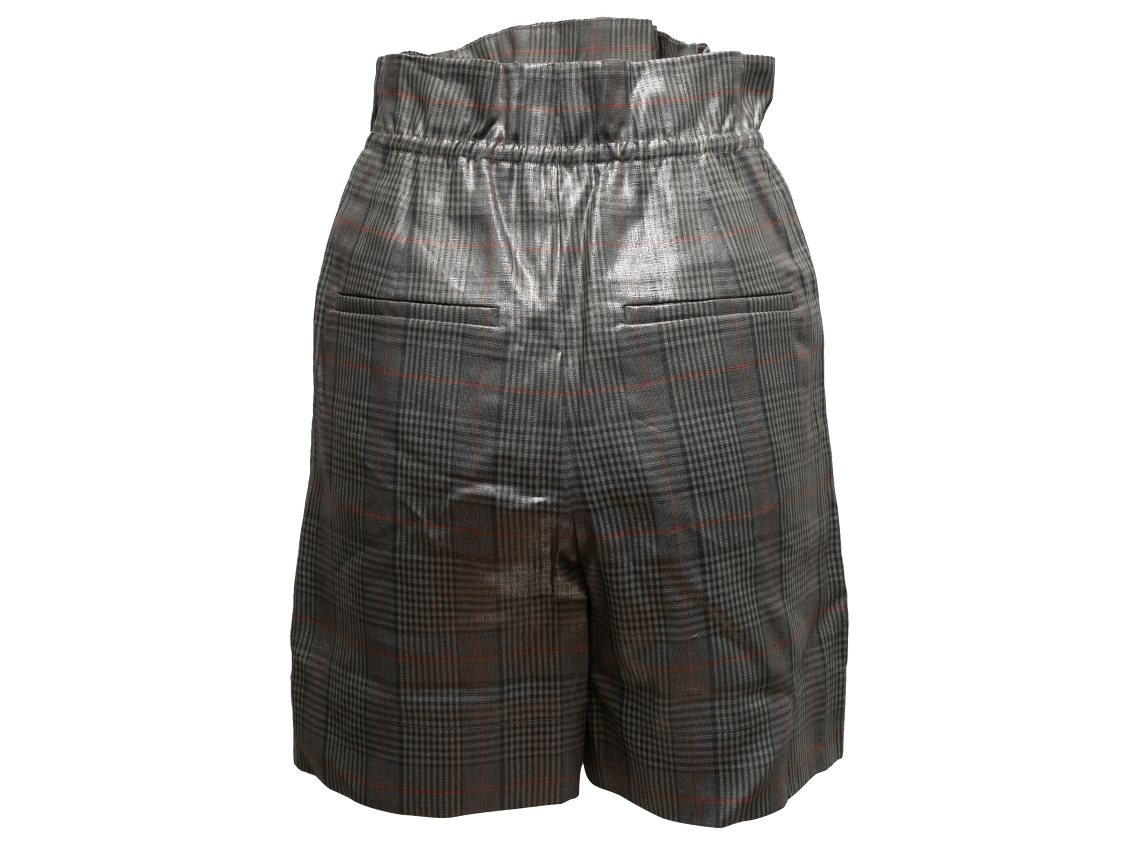 Black Silver Brunello Cucinelli Metallic Glen Plaid Linen Shorts Size IT 36 For Sale