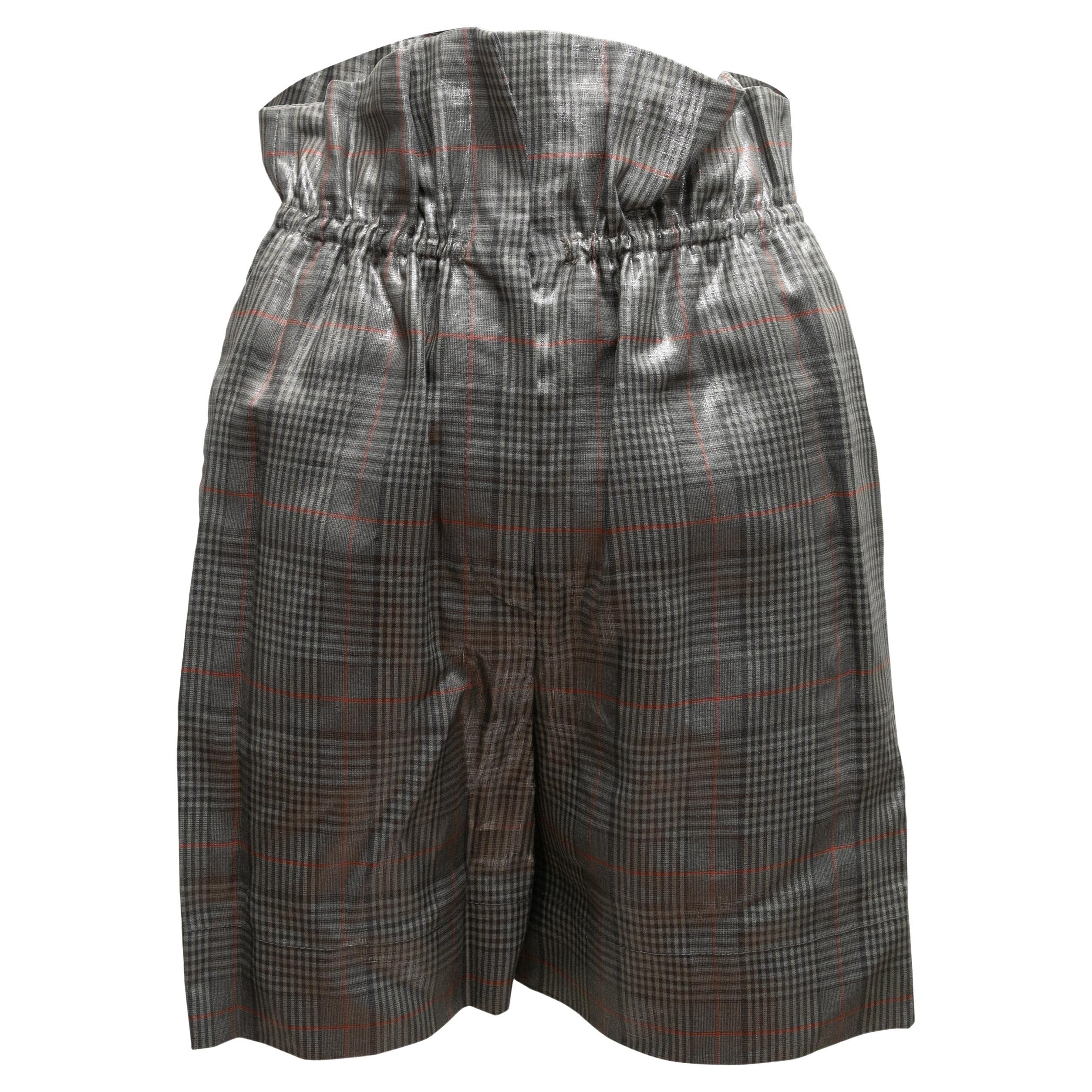 Silver Brunello Cucinelli Metallic Glen Plaid Linen Shorts Size IT 36 For Sale