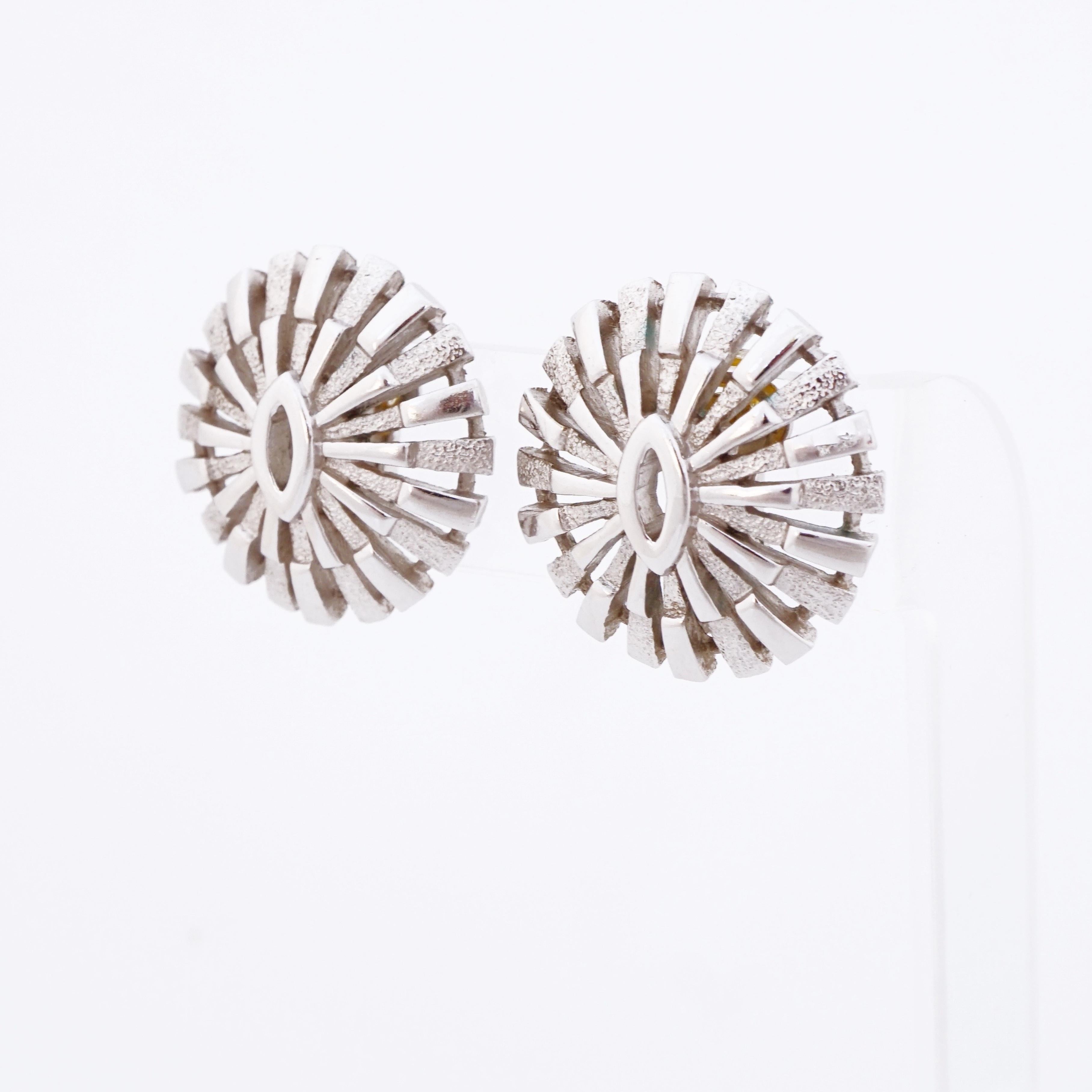 Modern Silver Brutalist Sunburst Earrings By Crown Trifari, 1960s For Sale