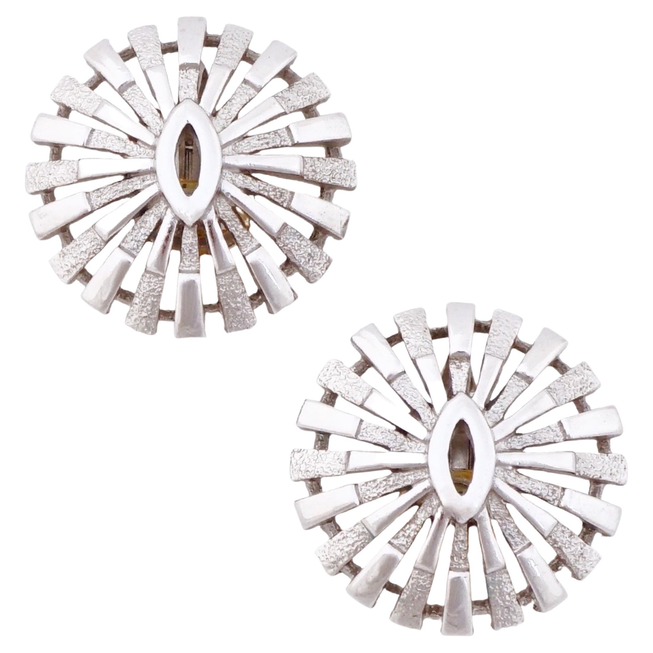 Silver Brutalist Sunburst Earrings By Crown Trifari, 1960s