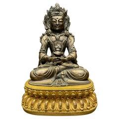 Silver Buddhist Statue with Gold Plated Bronze Lotus Stand