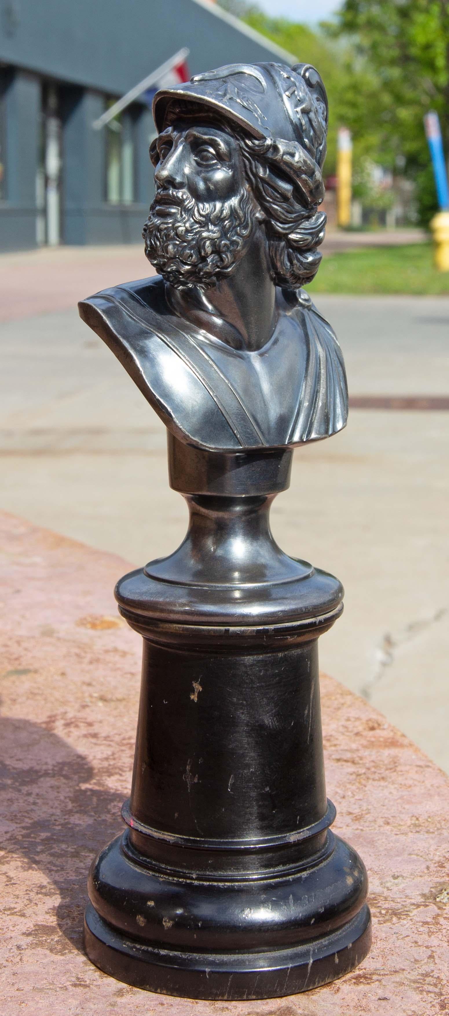 19th century silver plate bust Menelaus mythological king of Sparta. A fine casting with rich patina. Ebonized wood base. Illegible hallmark. In Greek mythology, Menelaus was a king of Mycenaean (pre-Dorian) Sparta, the husband of Helen of Troy, and