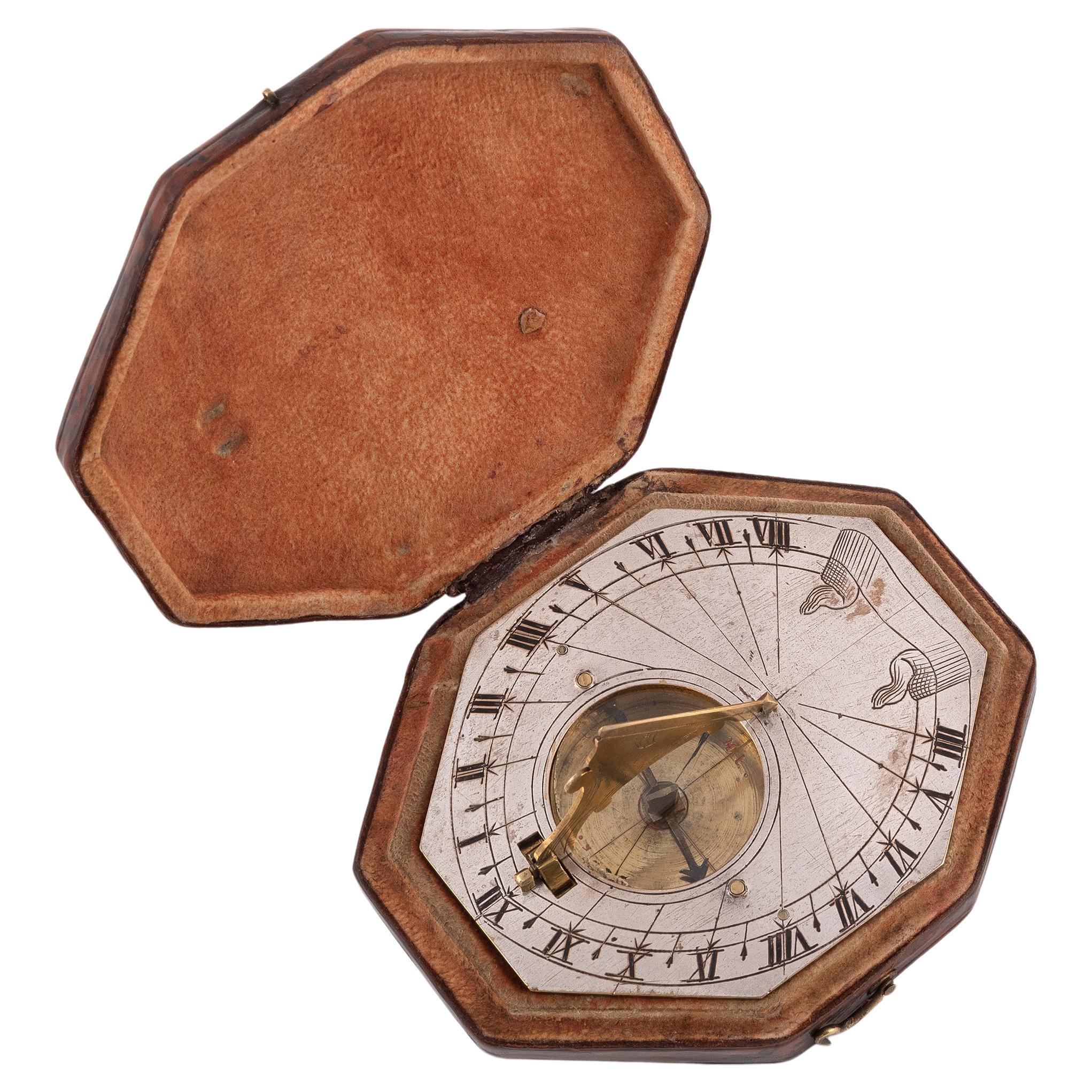 Allemand A Silver Brass Pocket Sundial Compass French, circa 1780 en vente