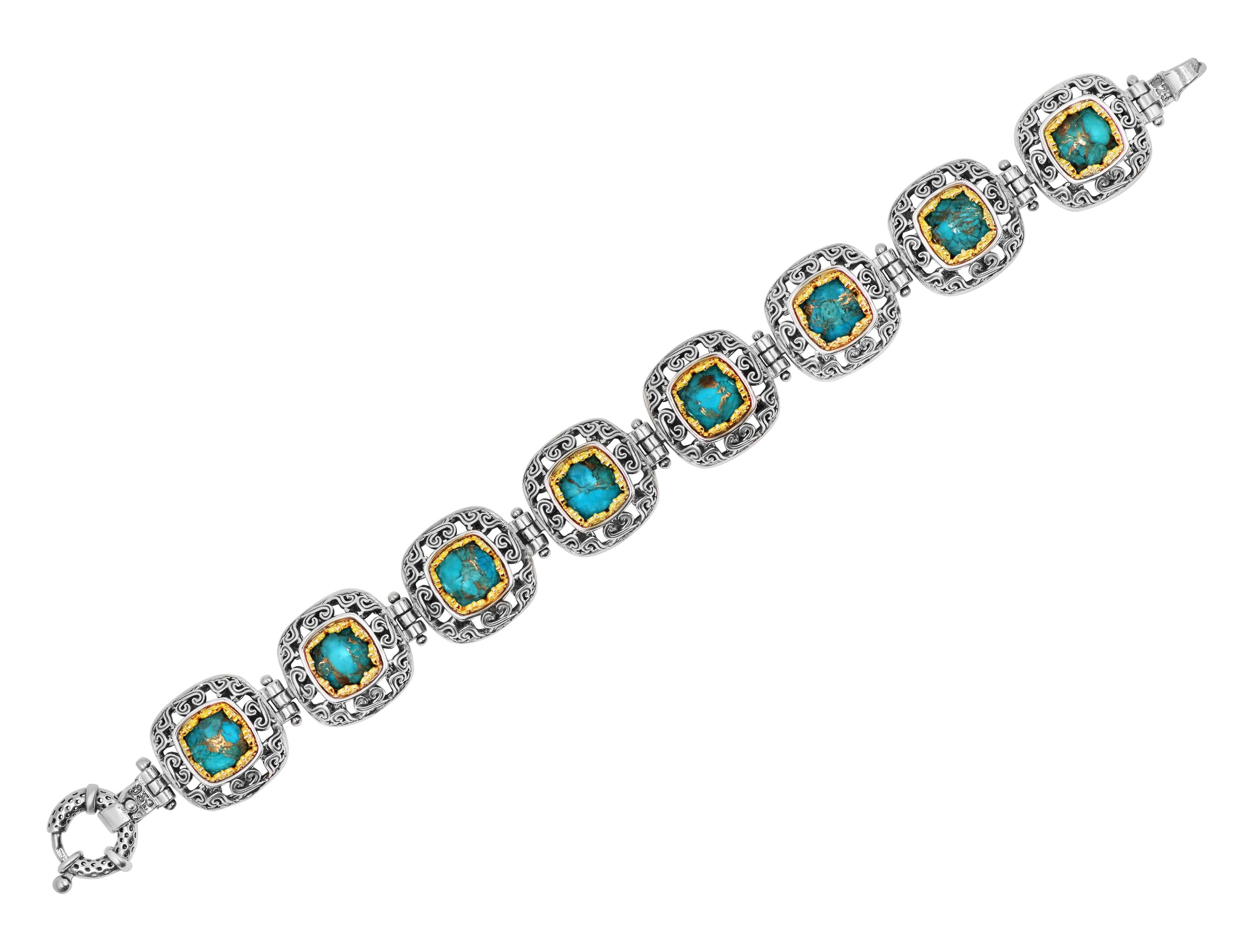 Sterling silver Byzantine bracelet with an intricate detail and gold plated features that enhance the beauty and the level of work. Set with copper turquoise, a stone that makes it even more interesting.