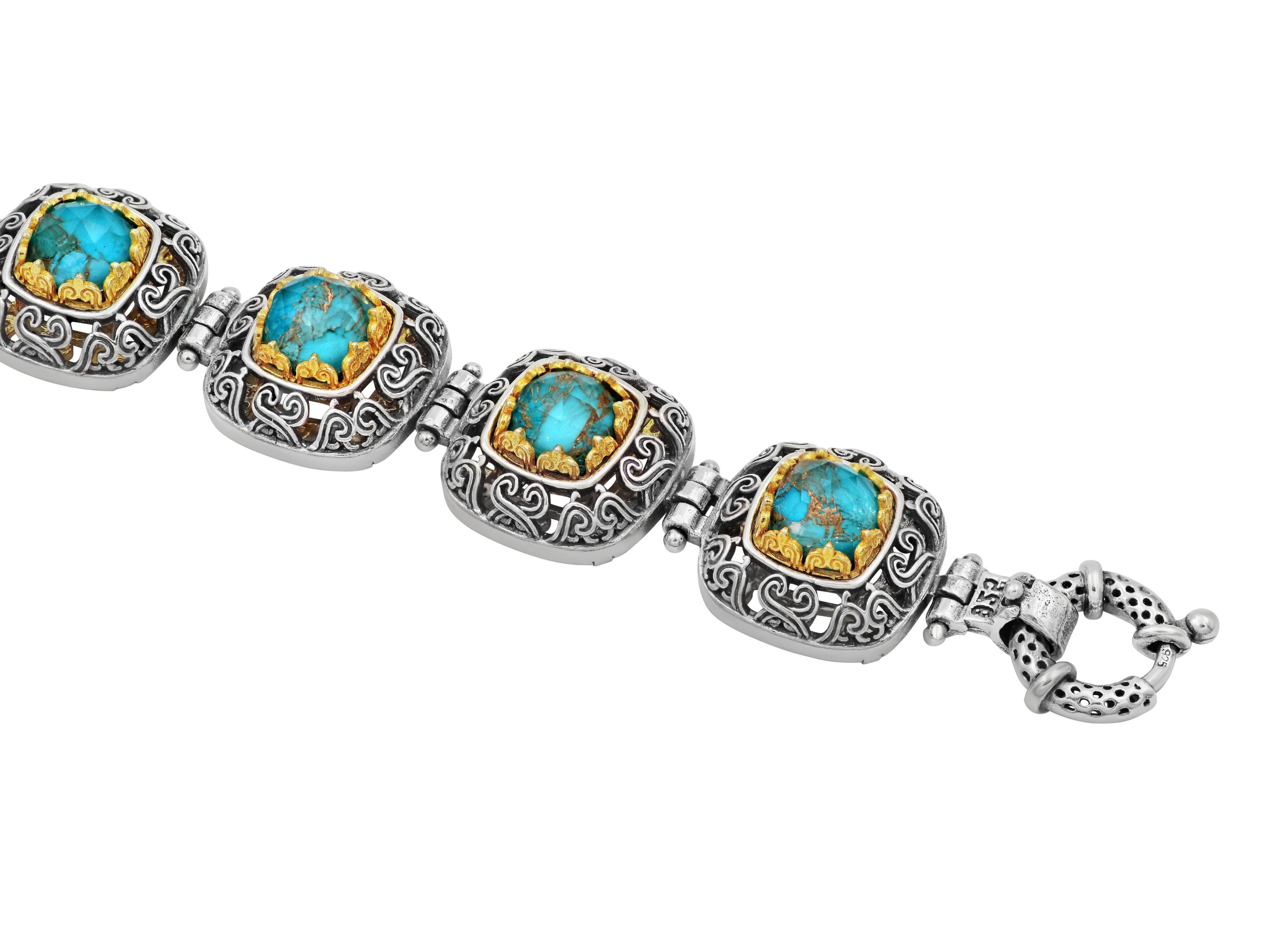 Square Cut Silver Byzantine Bracelet with Doublet Copper Turquoise For Sale
