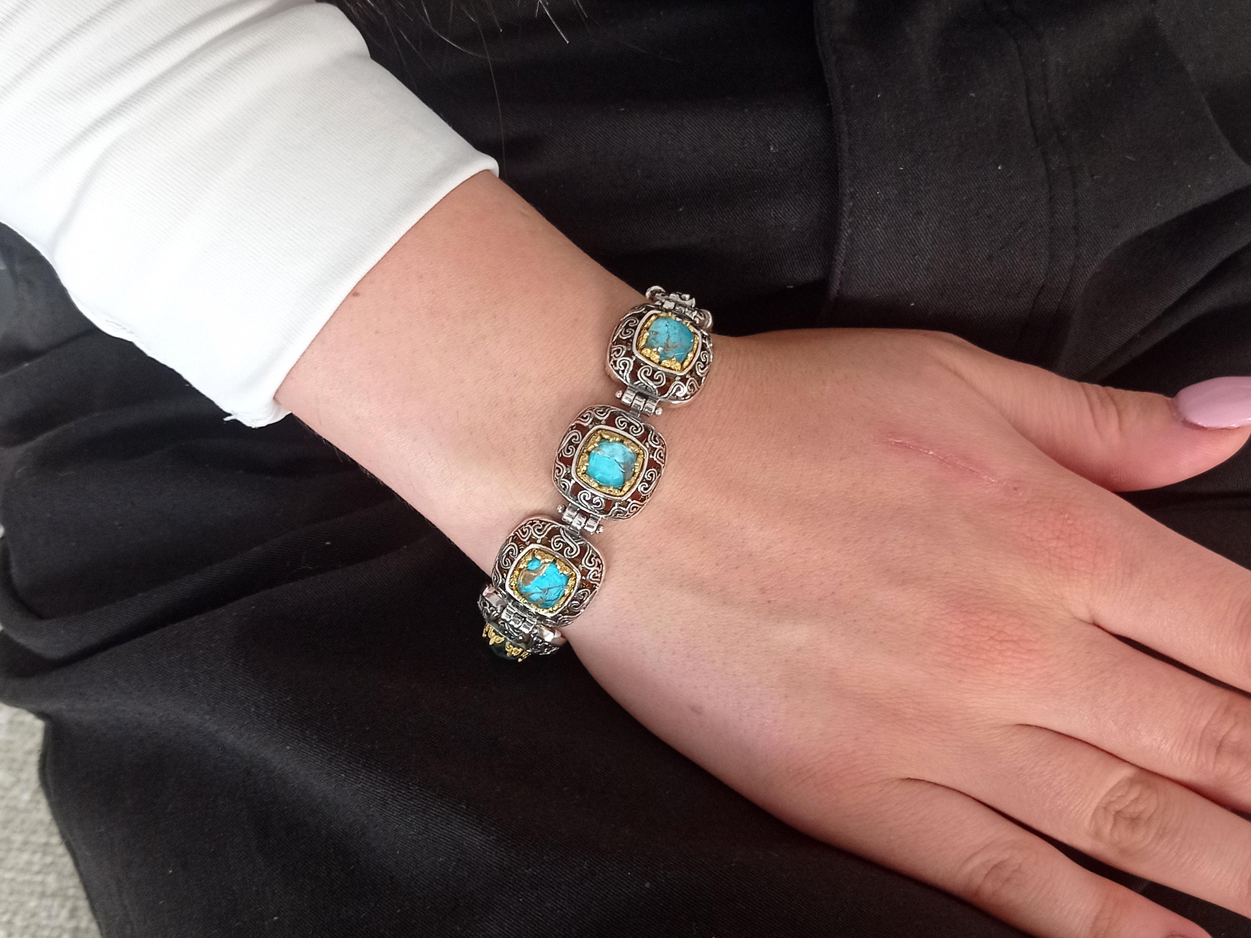 Silver Byzantine Bracelet with Doublet Copper Turquoise In New Condition For Sale In Athens, GR