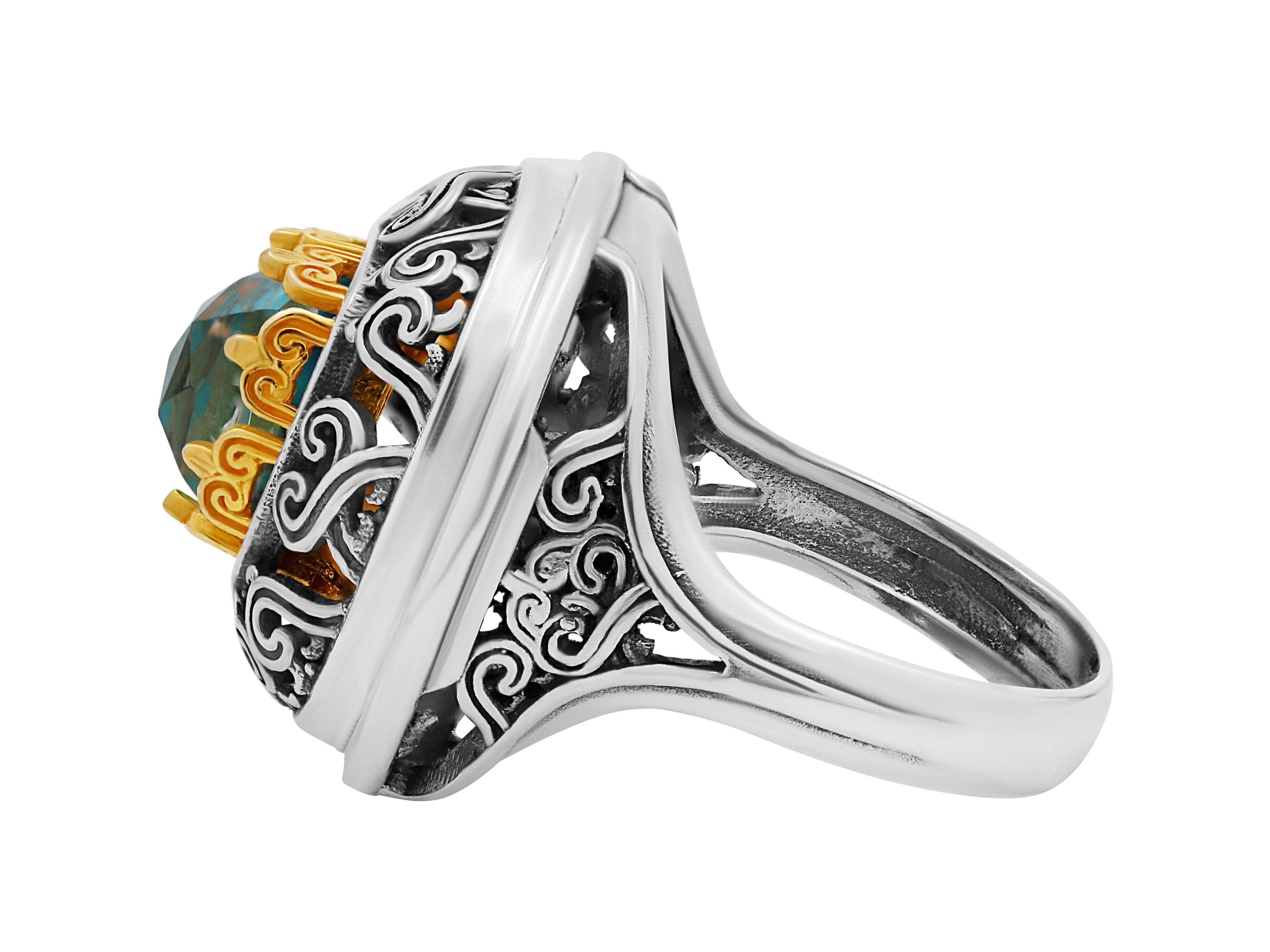 Sterling silver Byzantine dome ring with an intricate detail and gold plated features that enhance the beauty and the level of work. Set with copper turquoise, a stone that makes it even more interesting.