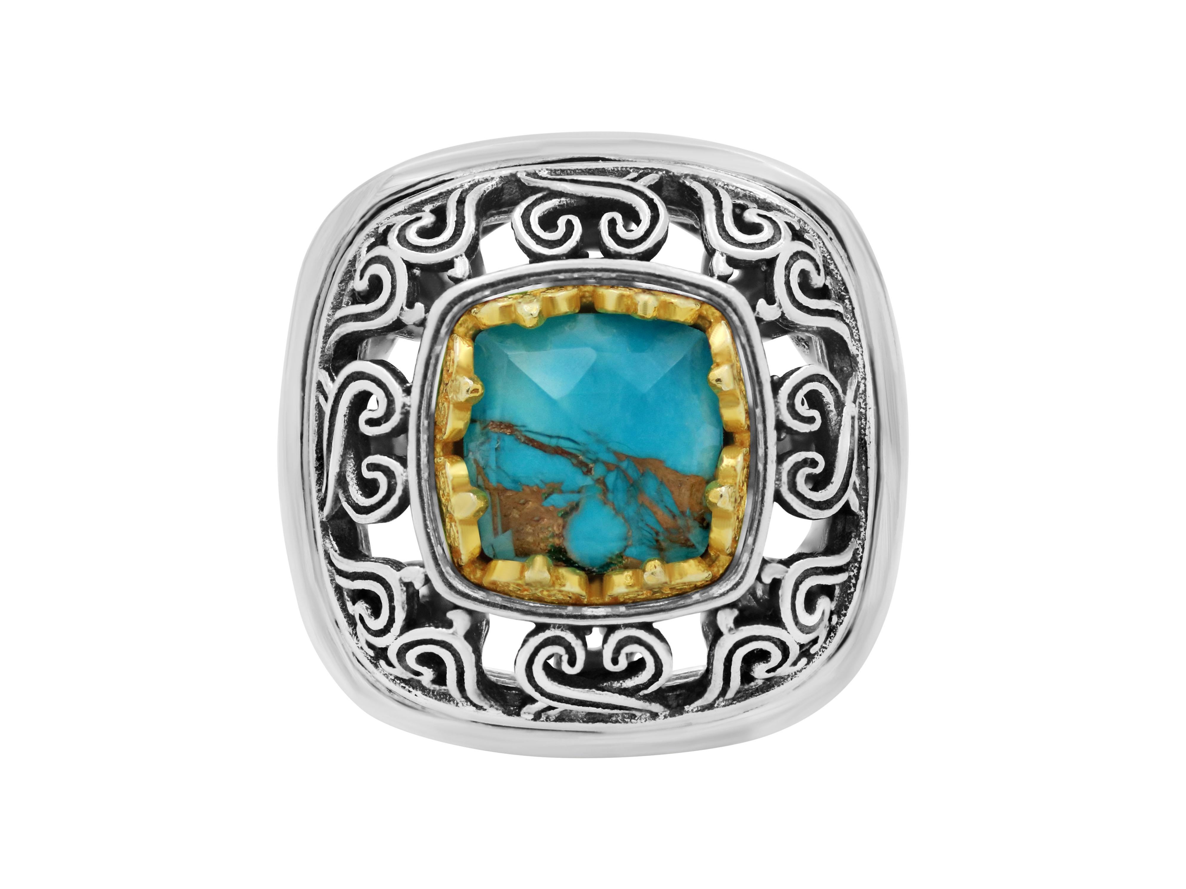 Byzantinischer Dome-Ring aus Silber mit Kupfertürkis-Doublette (Carréeschliff) im Angebot