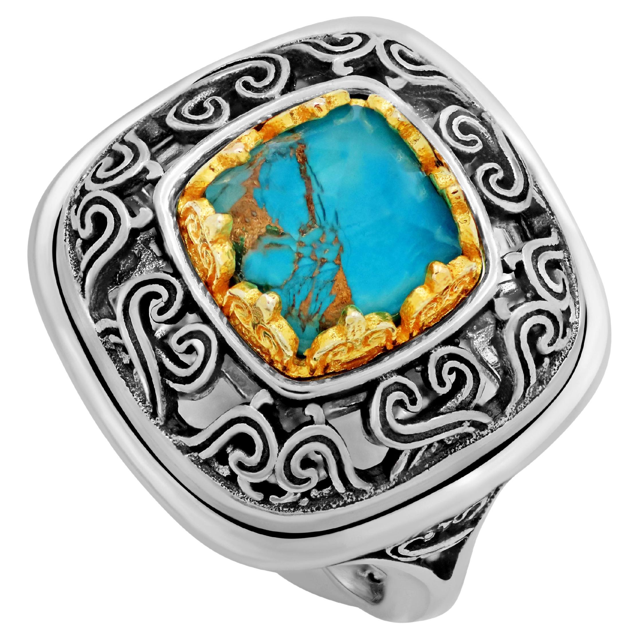 Silver Byzantine Dome Ring with Doublet Copper Turquoise For Sale