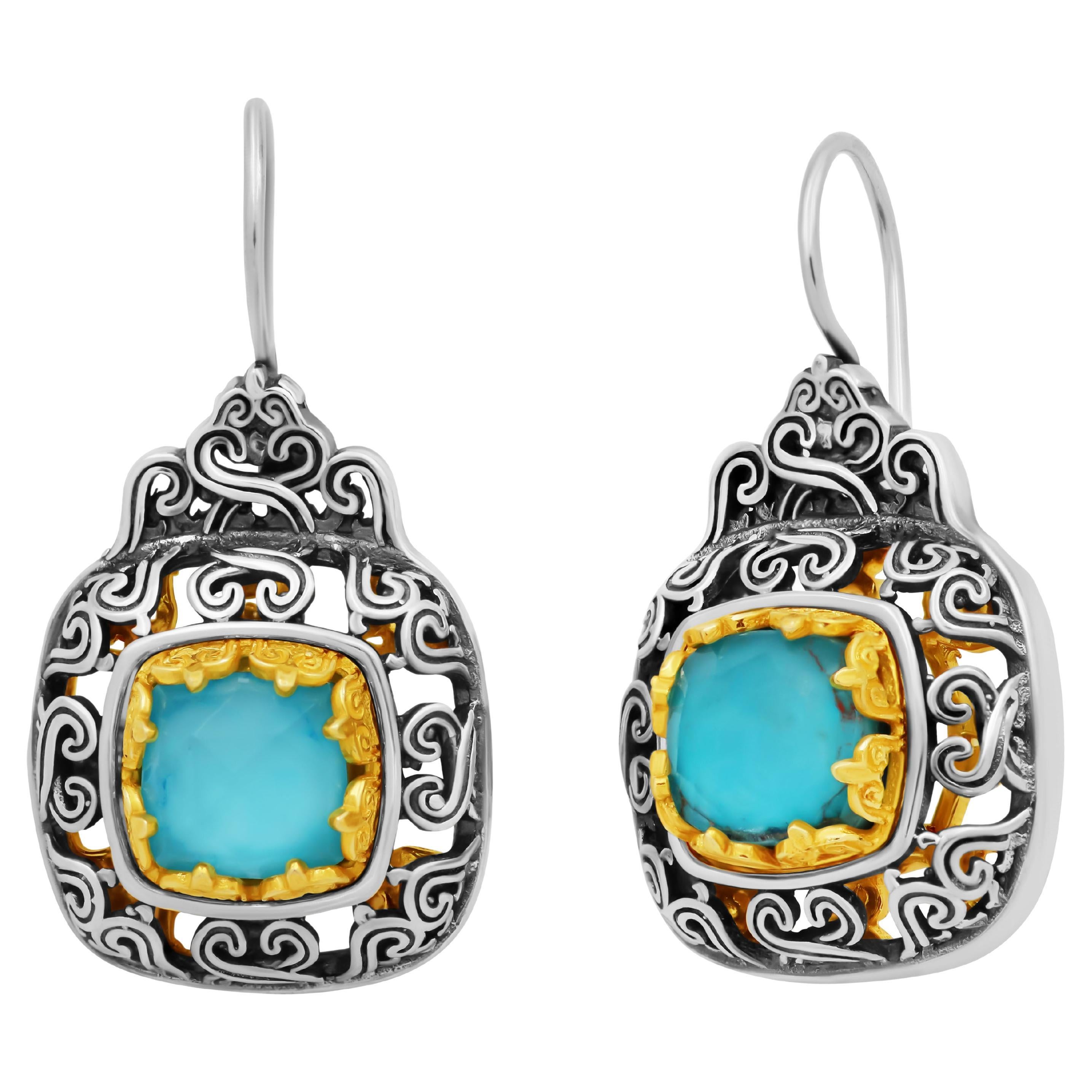 Silver Byzantine Earrings with Doublet Copper Turquoise For Sale
