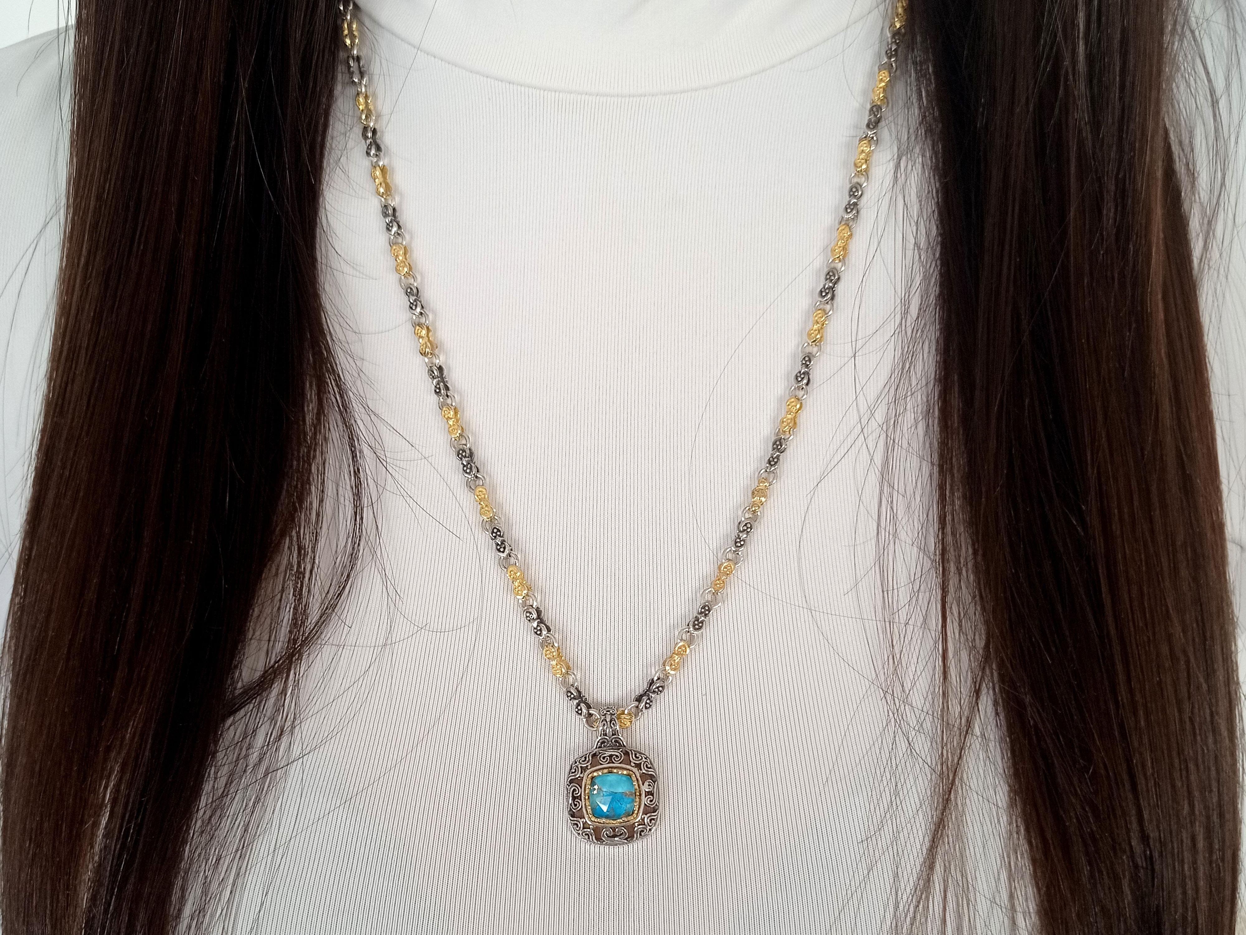 Silberne byzantinische Halskette mit türkisfarbenem Doublet-Kupfer (Carréeschliff) im Angebot