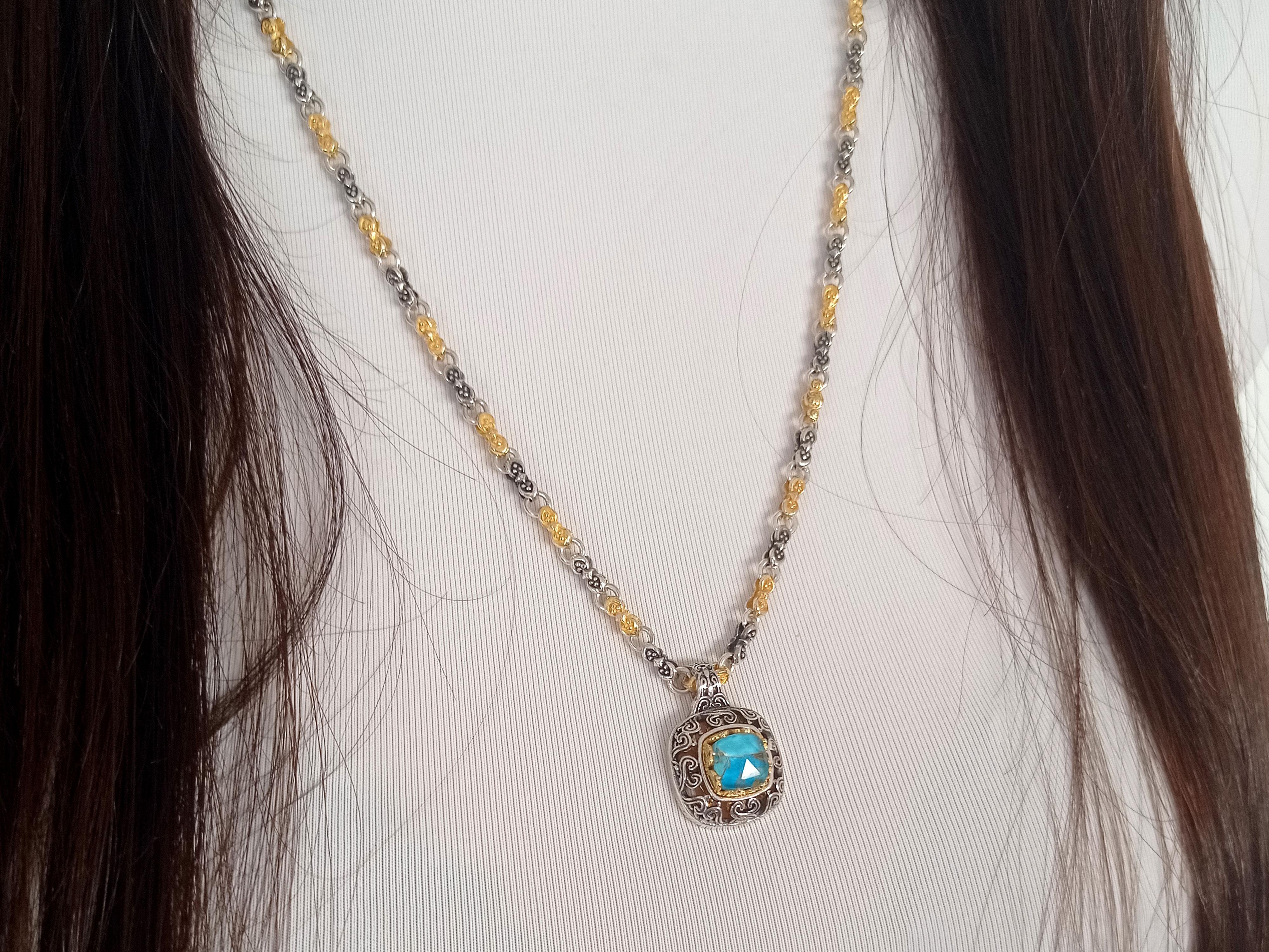 Women's or Men's Silver Byzantine Necklace with Doublet Copper Turquoise For Sale