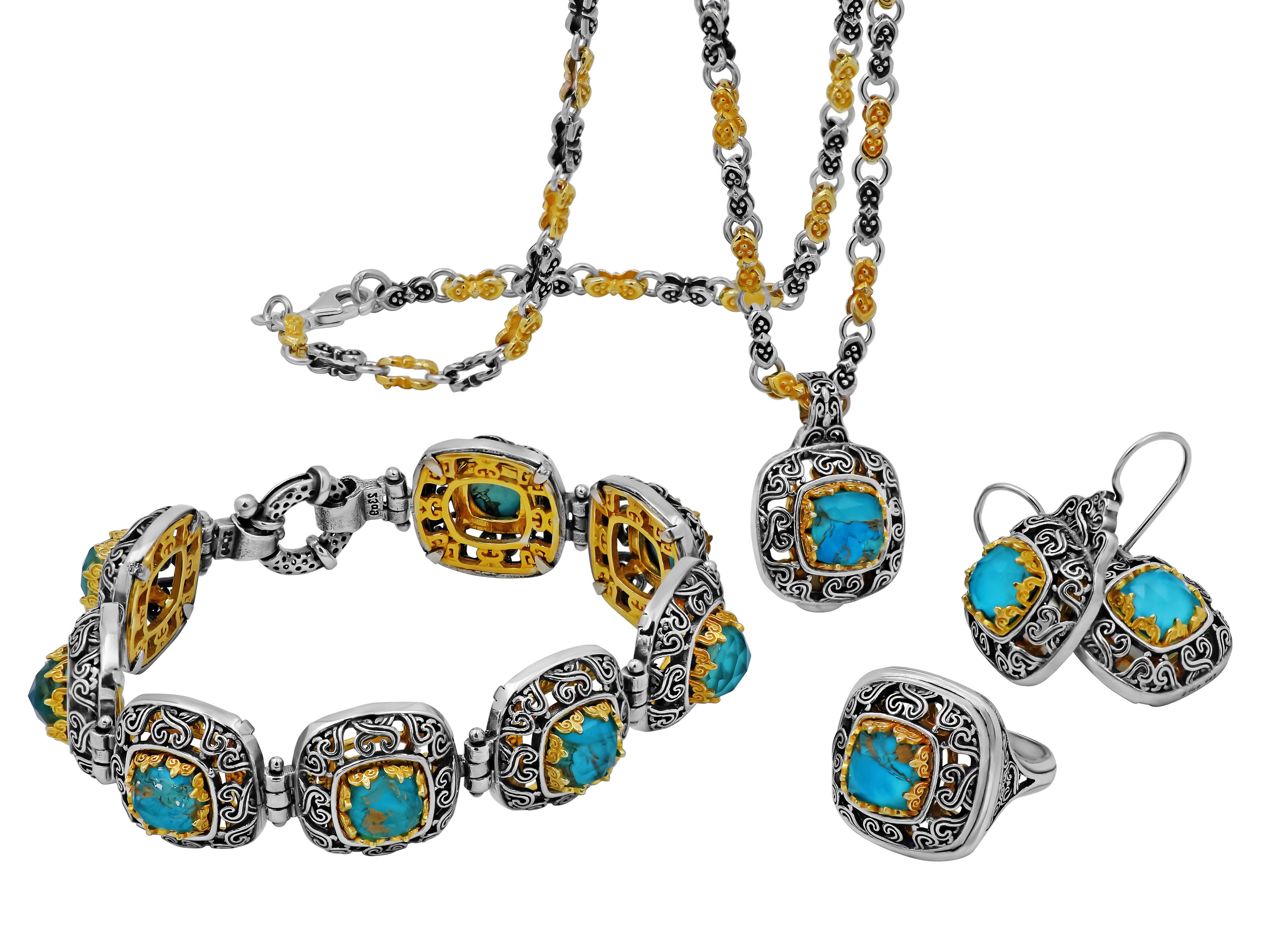 Silver Byzantine Necklace with Doublet Copper Turquoise For Sale 1