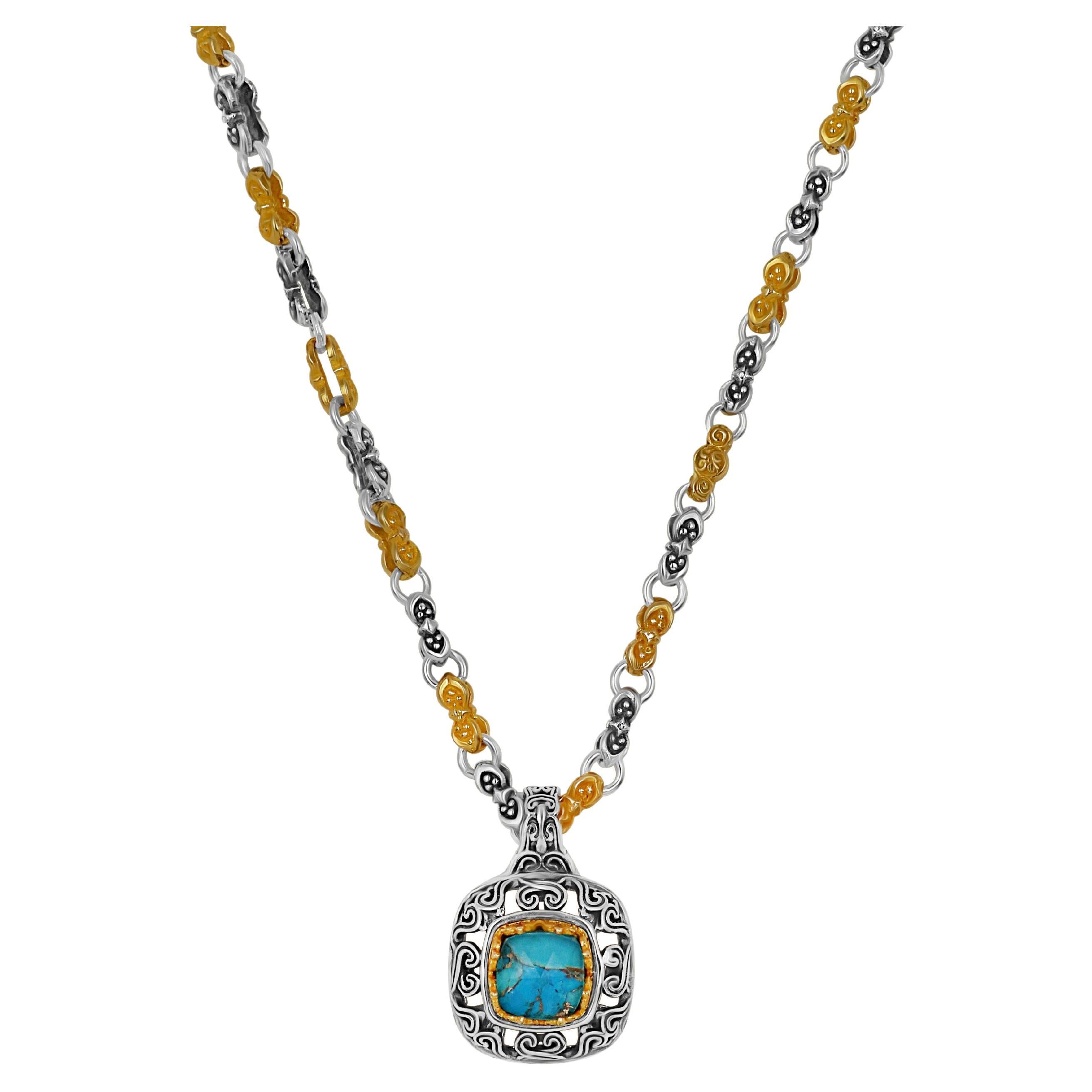 Silver Byzantine Necklace with Doublet Copper Turquoise For Sale