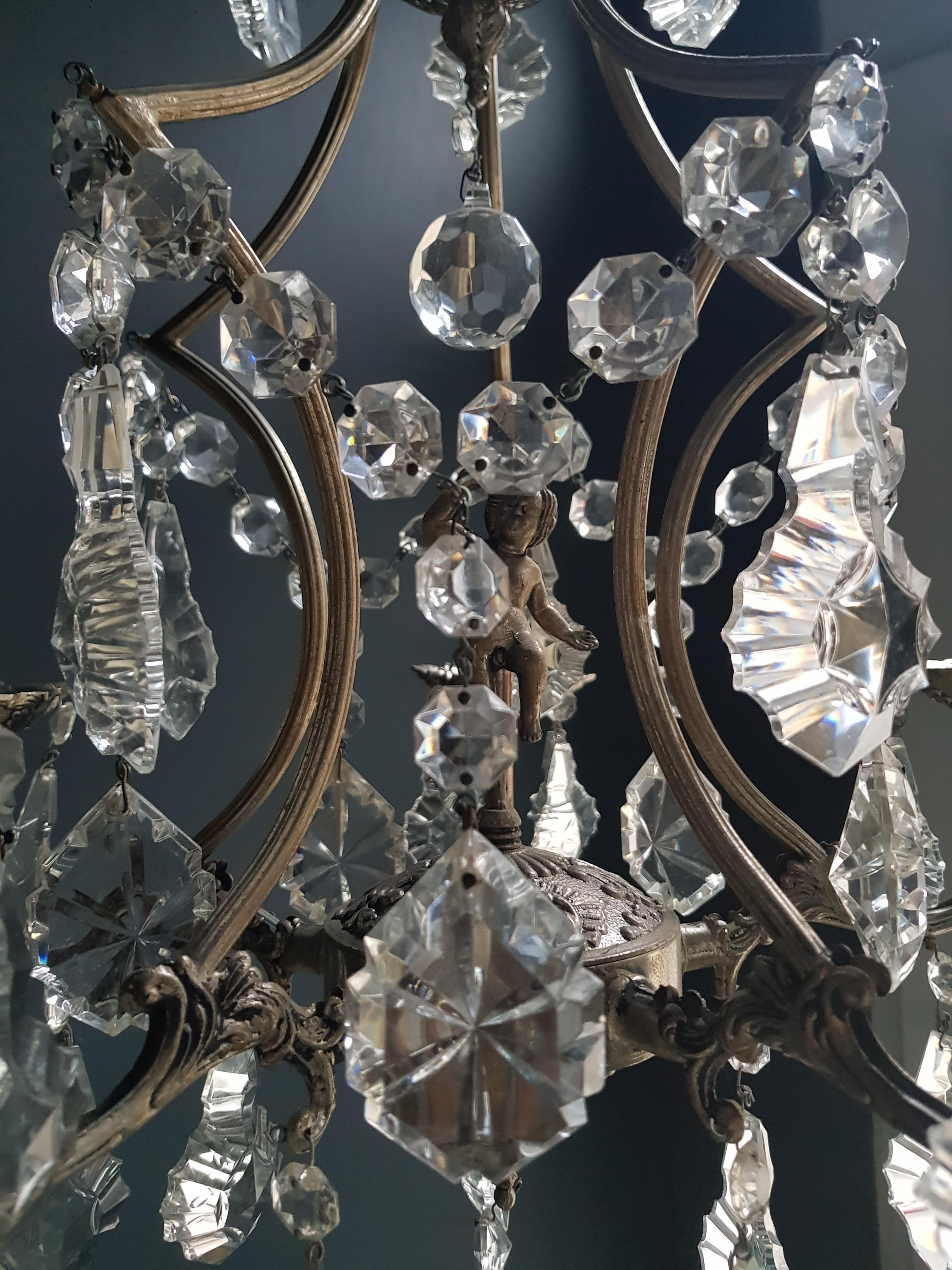 Art Nouveau Silver Cage Putt Crystal Chandelier Antique Ceiling Lamp Lustre Brass