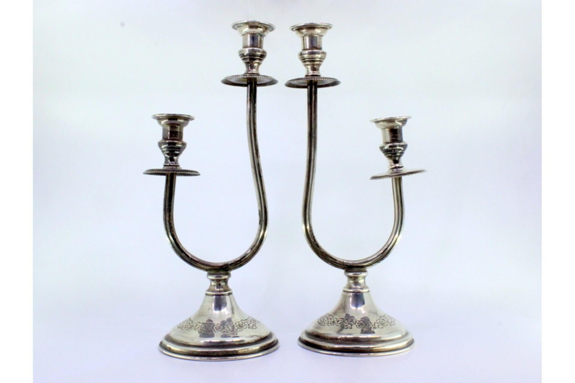 Silver candelabra w/ two beaded lights & floral reliefs on the circular bases For Sale 2