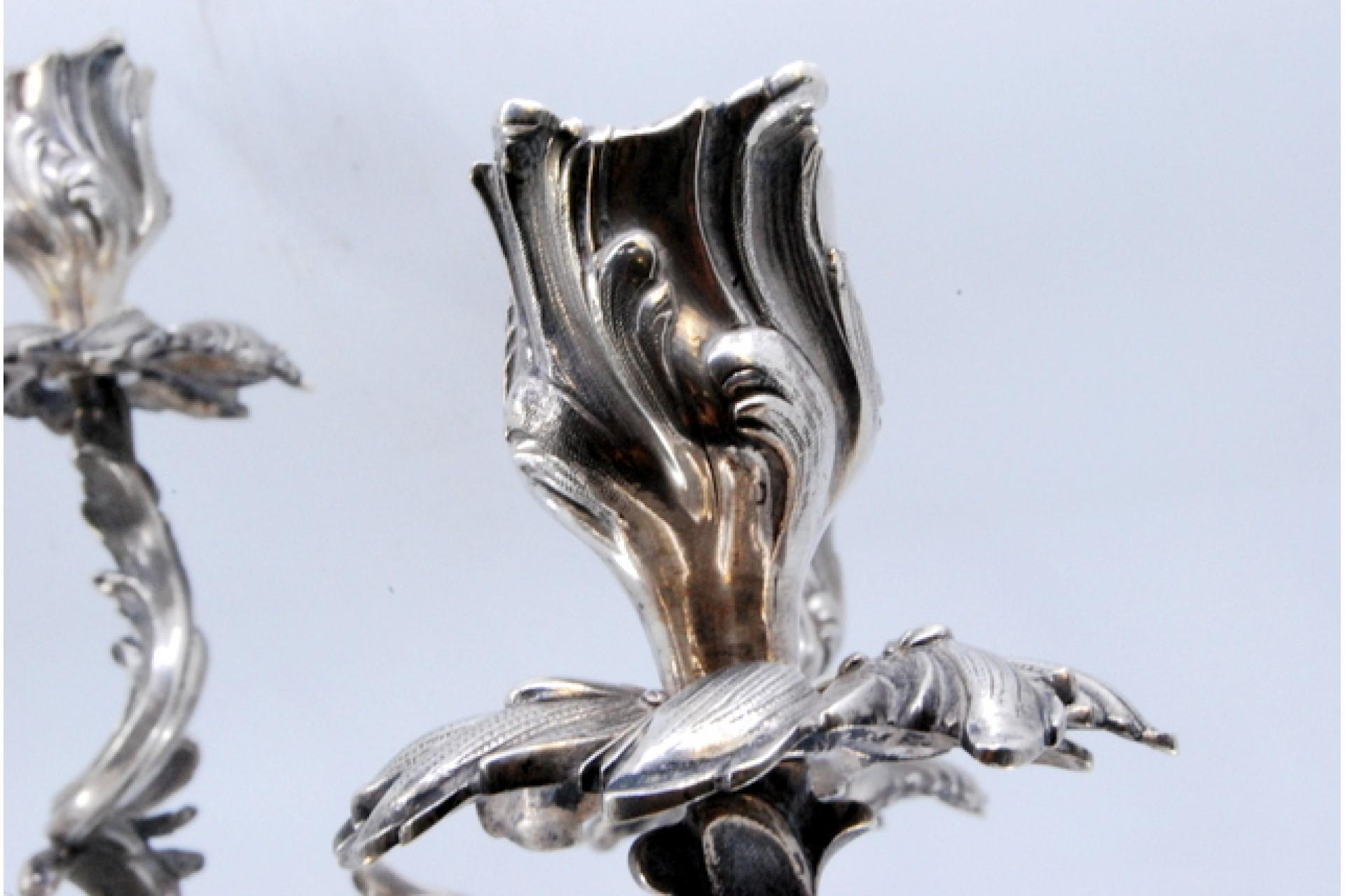 19th Century Silver candelabra with three arms and tulip holders on cut-out bases For Sale