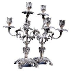 Silver candelabra with three arms and tulip holders on cut-out bases