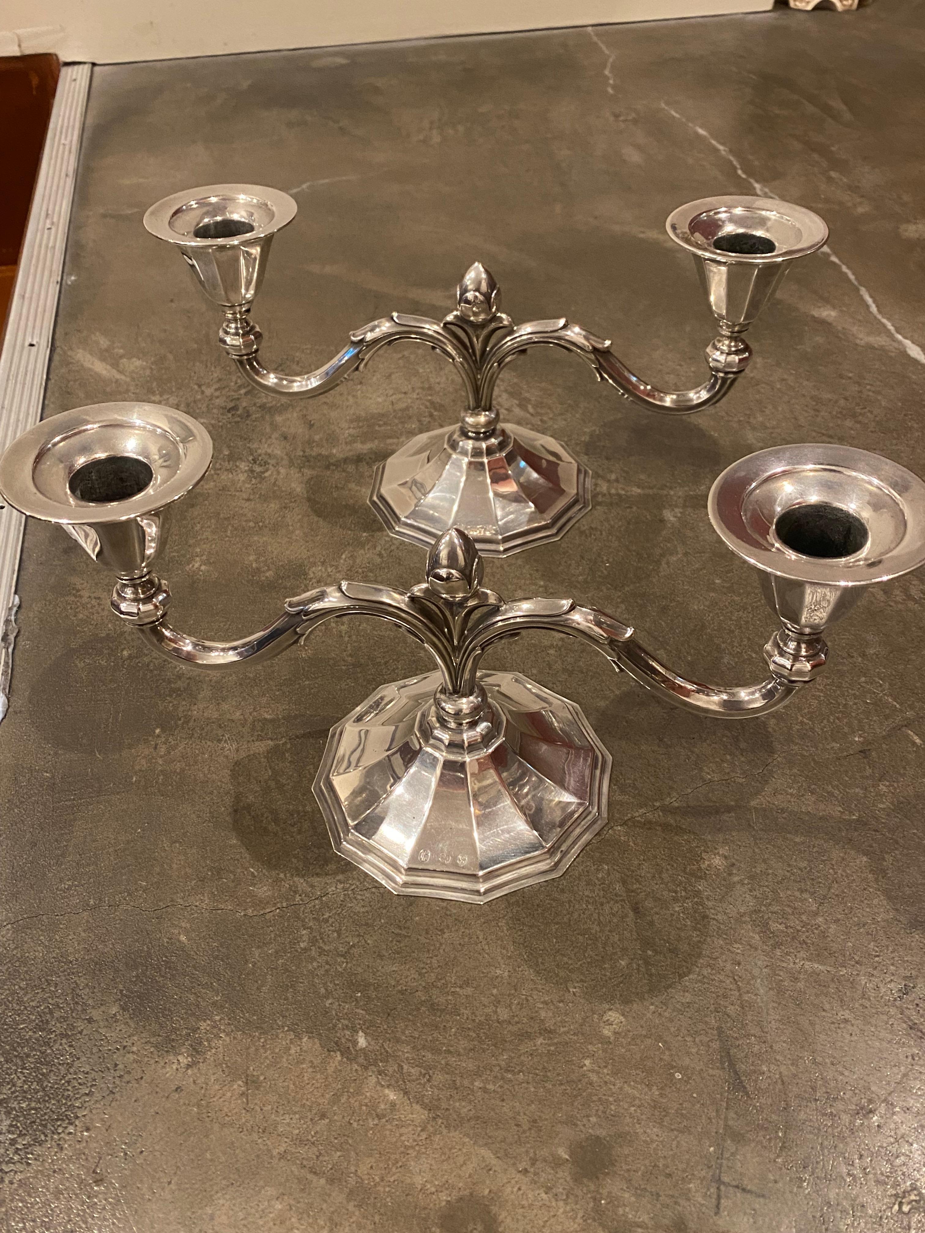 Finds such as these Silver Candlesticks / Candelabras
by Danish silversmith Carl M Cohr, 
assay master - Johannes Siggaard
are rare (especially in such fine condition)
 
Of Georg Jensen style, 
each candlestick has 2 finely detailed arms, 
raised on