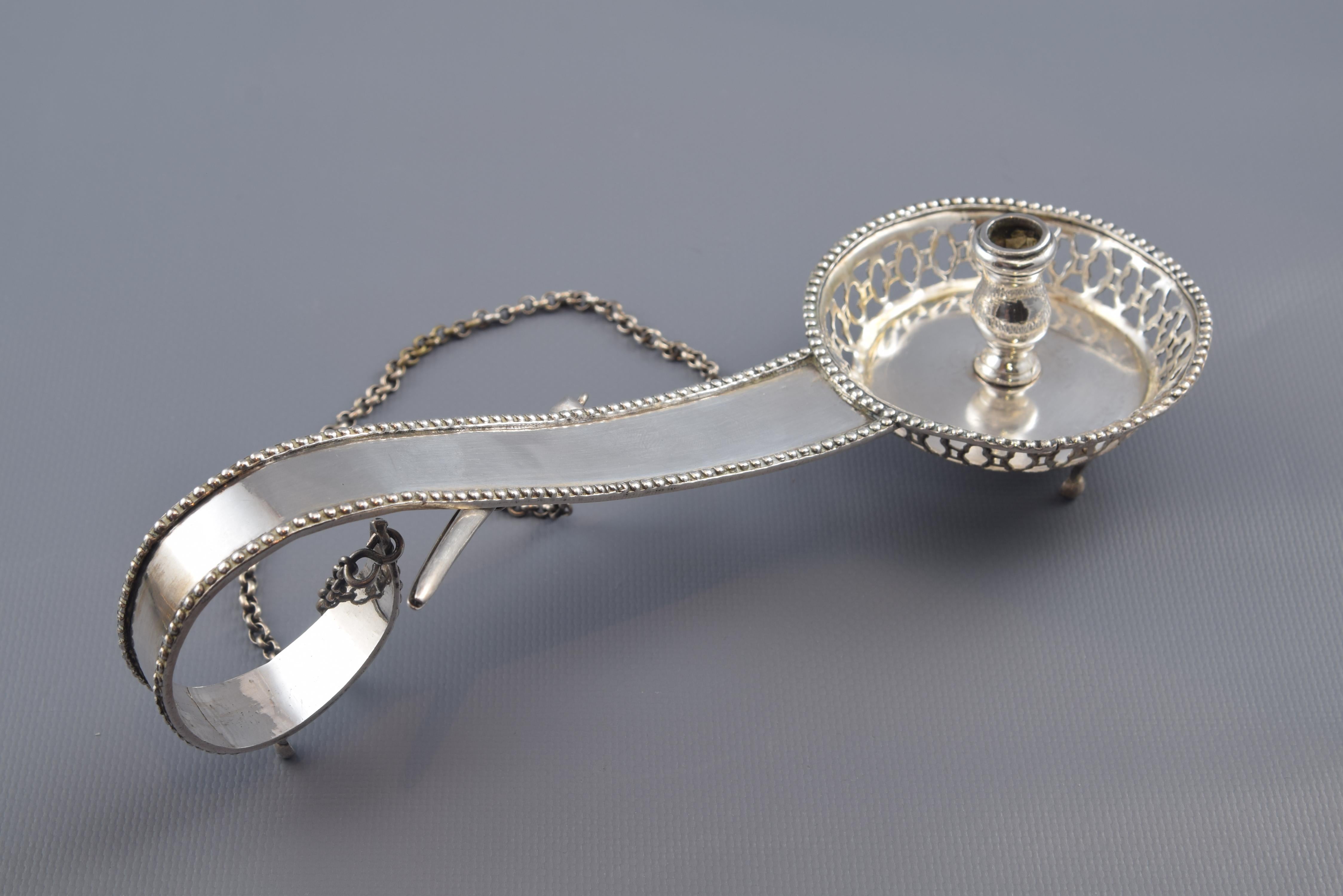 19th Century Silver Candlestich or Candle Holder with Tongs or Tweezers, Barcelona, 19th c For Sale