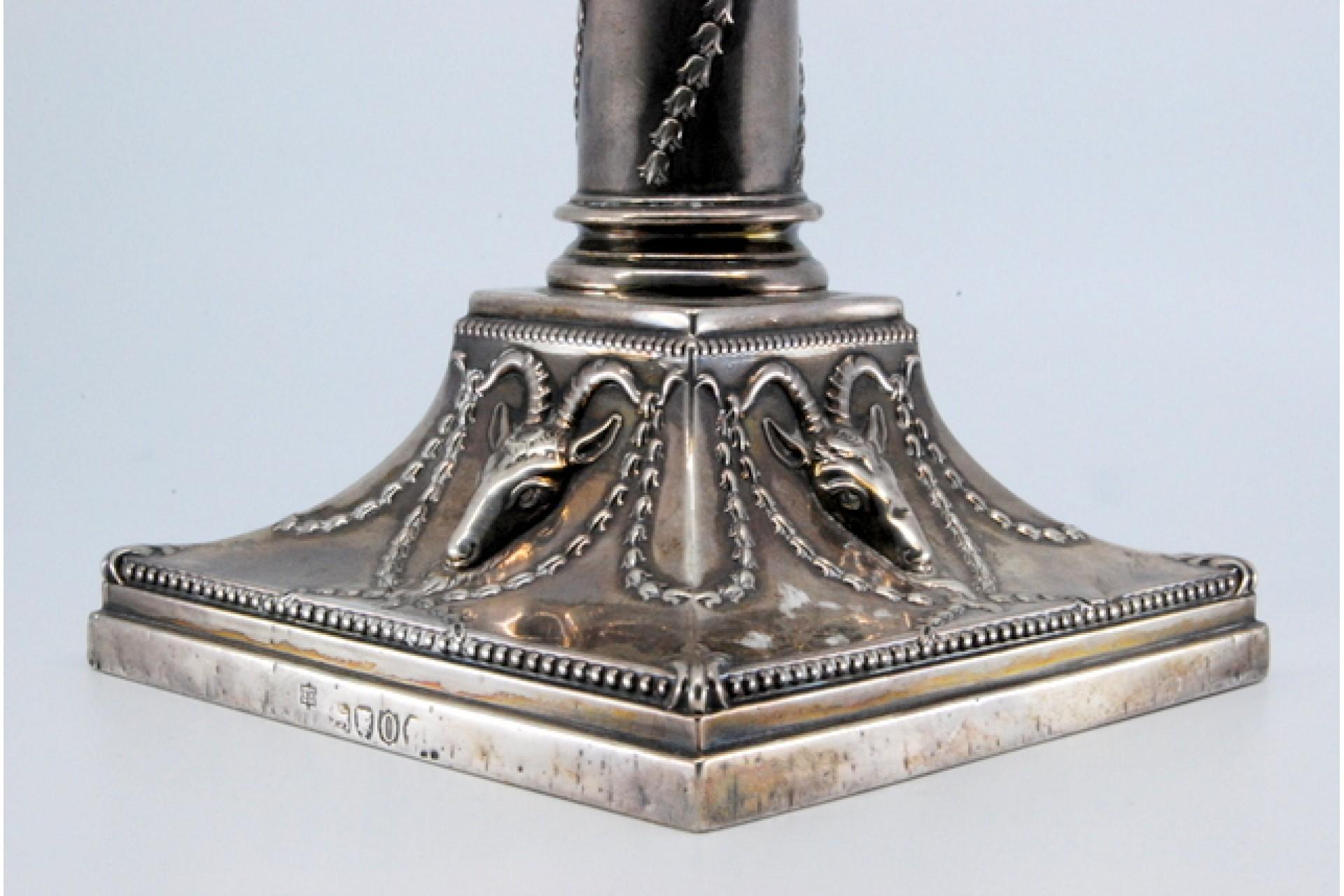 19th Century Silver candlestick with rope-wound shaft and ram heads on square base For Sale