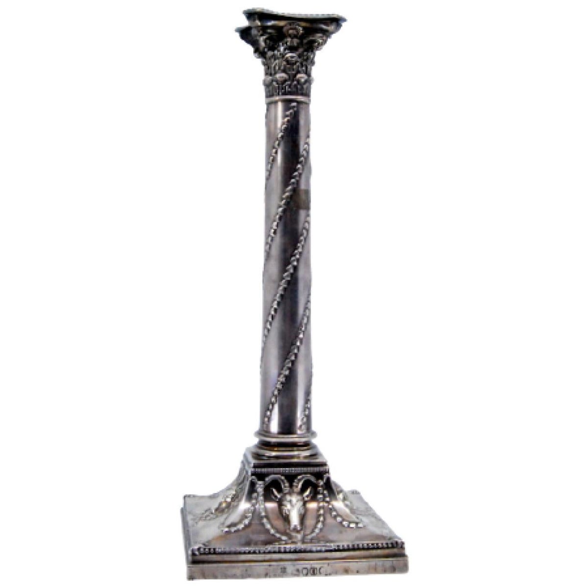 Silver candlestick with rope-wound shaft and ram heads on square base