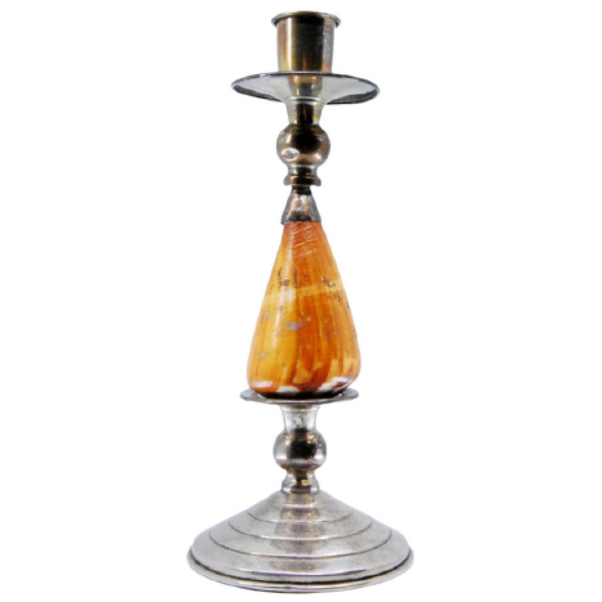 Silver candlestick with shell stems and a round beaded base