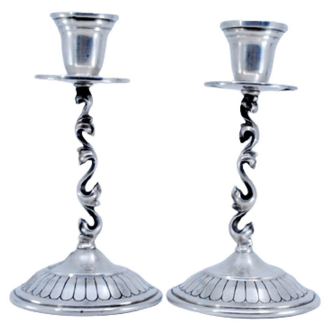 Silver candlesticks with rubberized circular bases and applied sconces