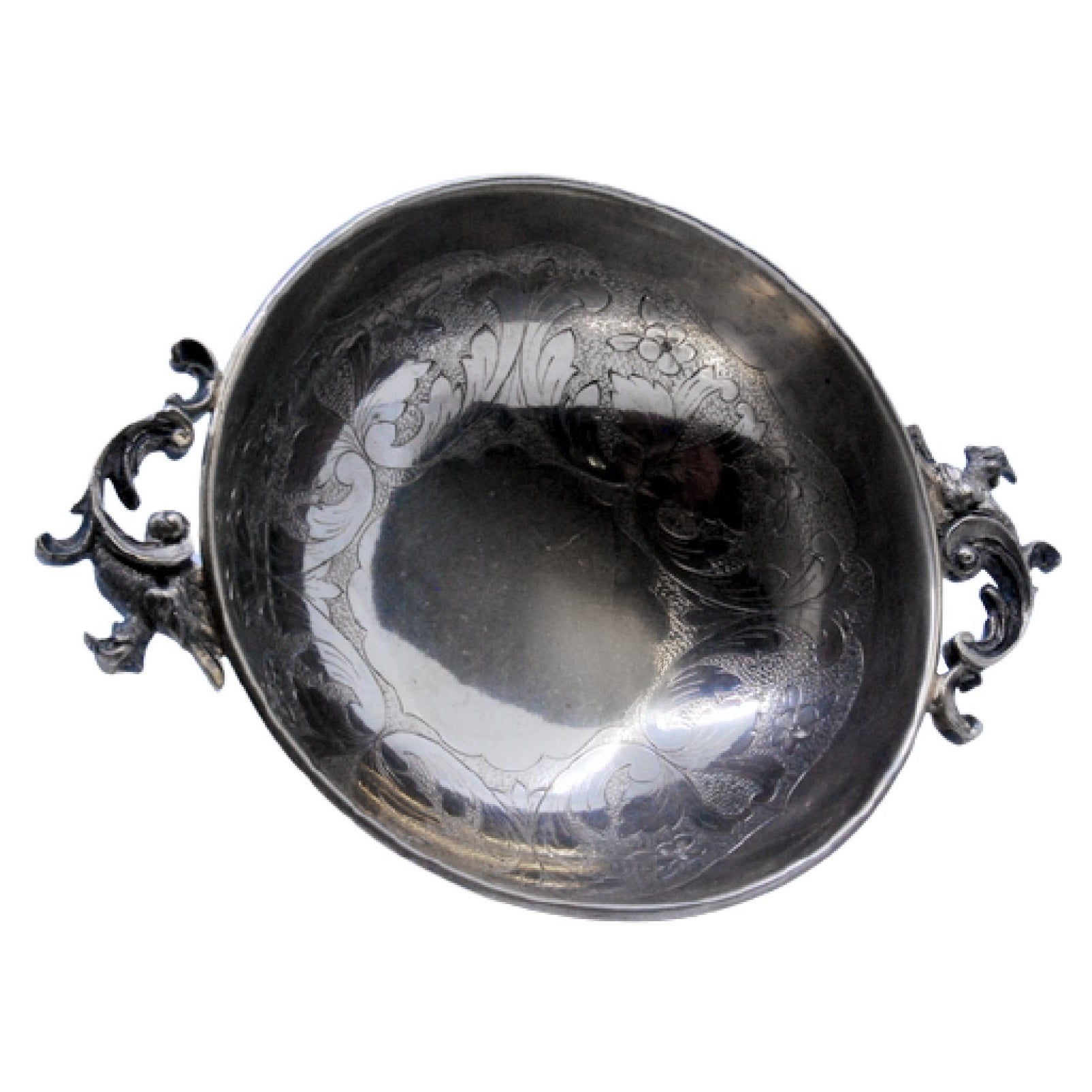 Silver candy box w/ engraved interior 
shell handles w/ bird head