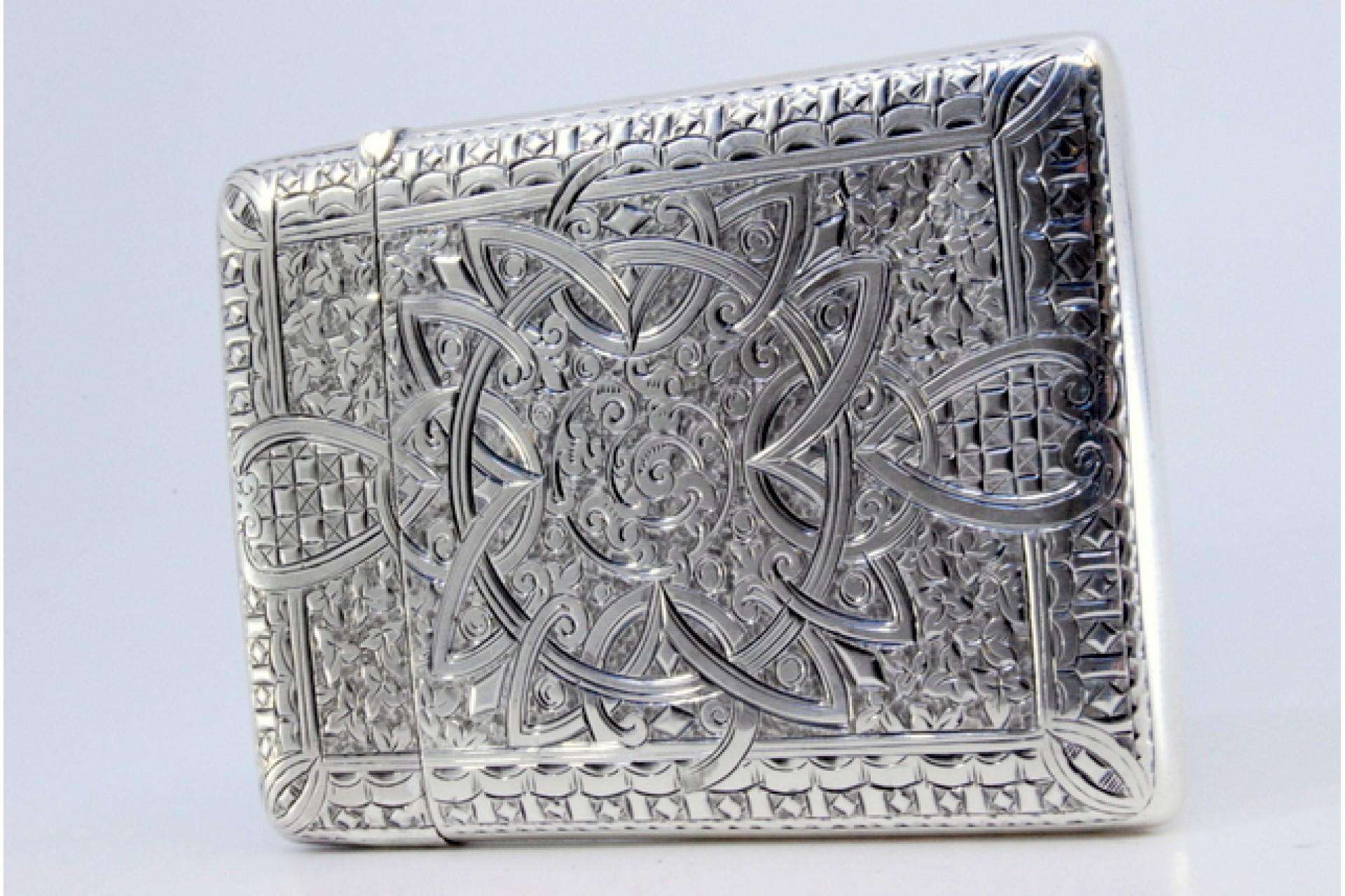 European Silver card case with scrolls, garlands and hinged lid For Sale