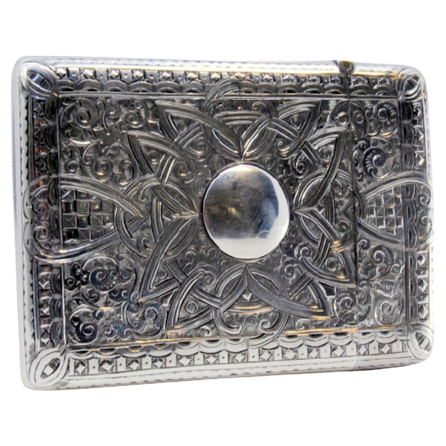 Silver card case with scrolls, garlands and hinged lid For Sale