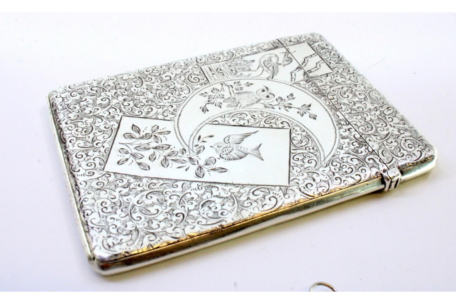European Silver card case with wreaths, birds, florals and monogram For Sale