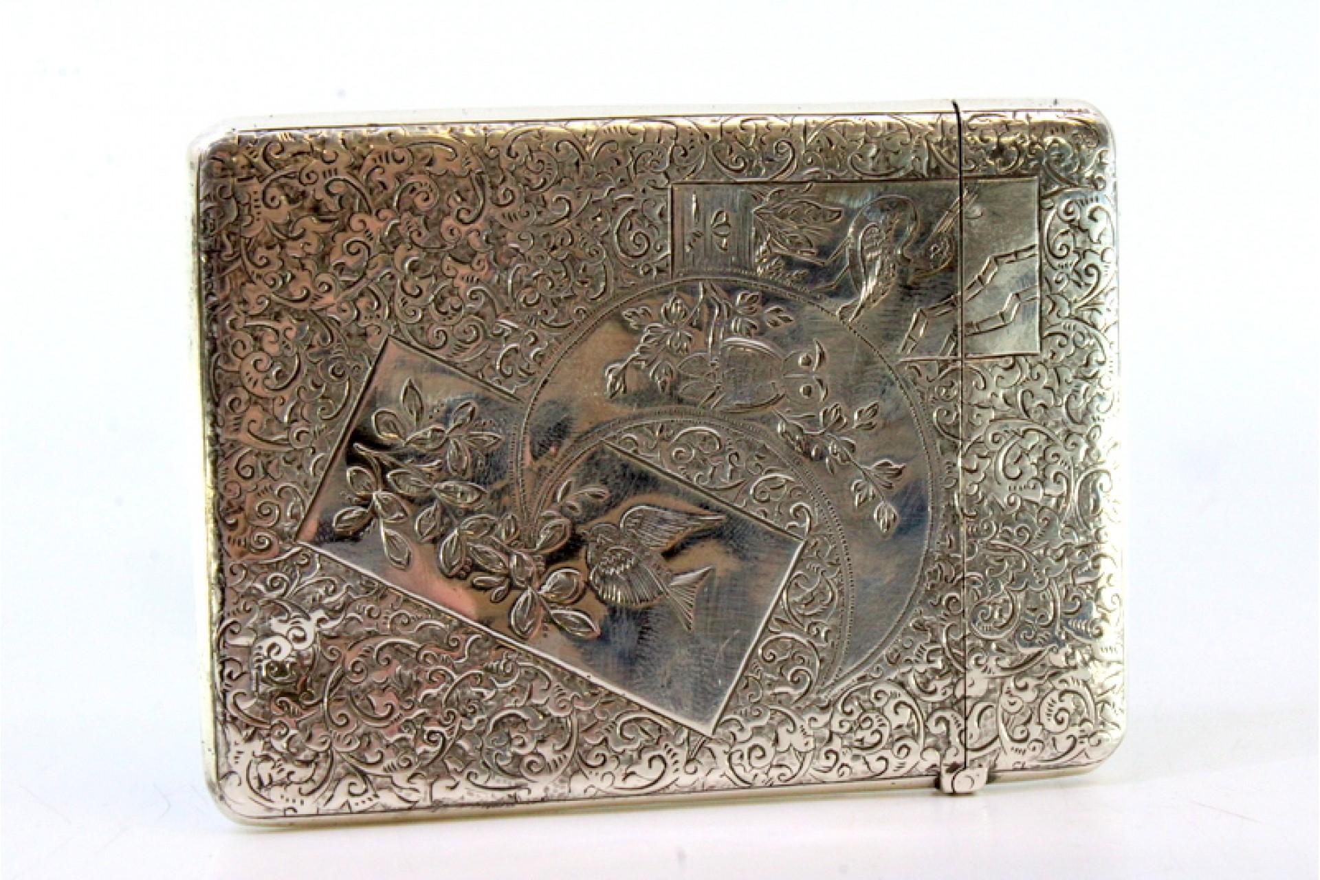 19th Century Silver card case with wreaths, birds, florals and monogram For Sale