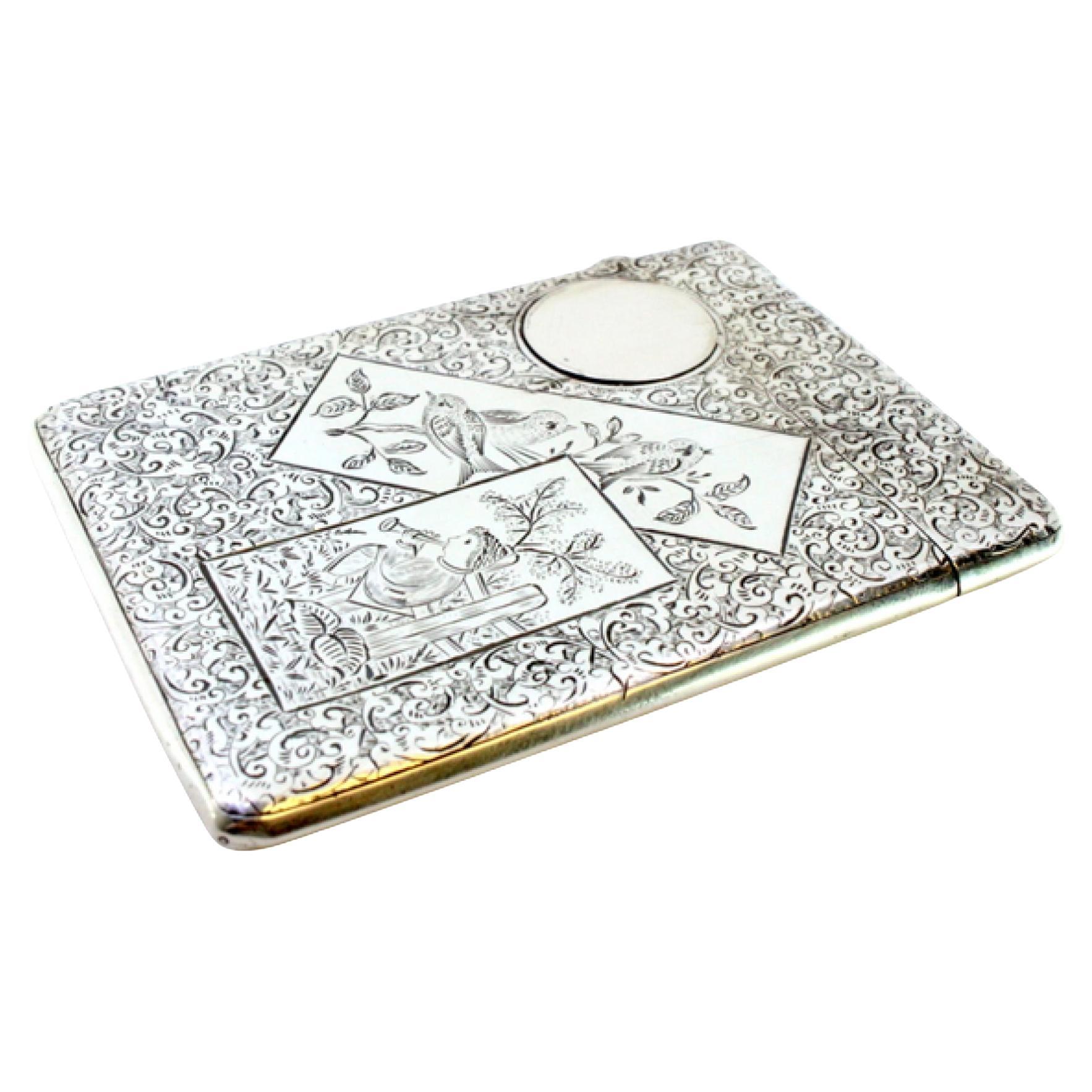 Silver card case with wreaths, birds, florals and monogram For Sale