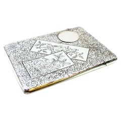 Silver card case with wreaths, birds, florals and monogram