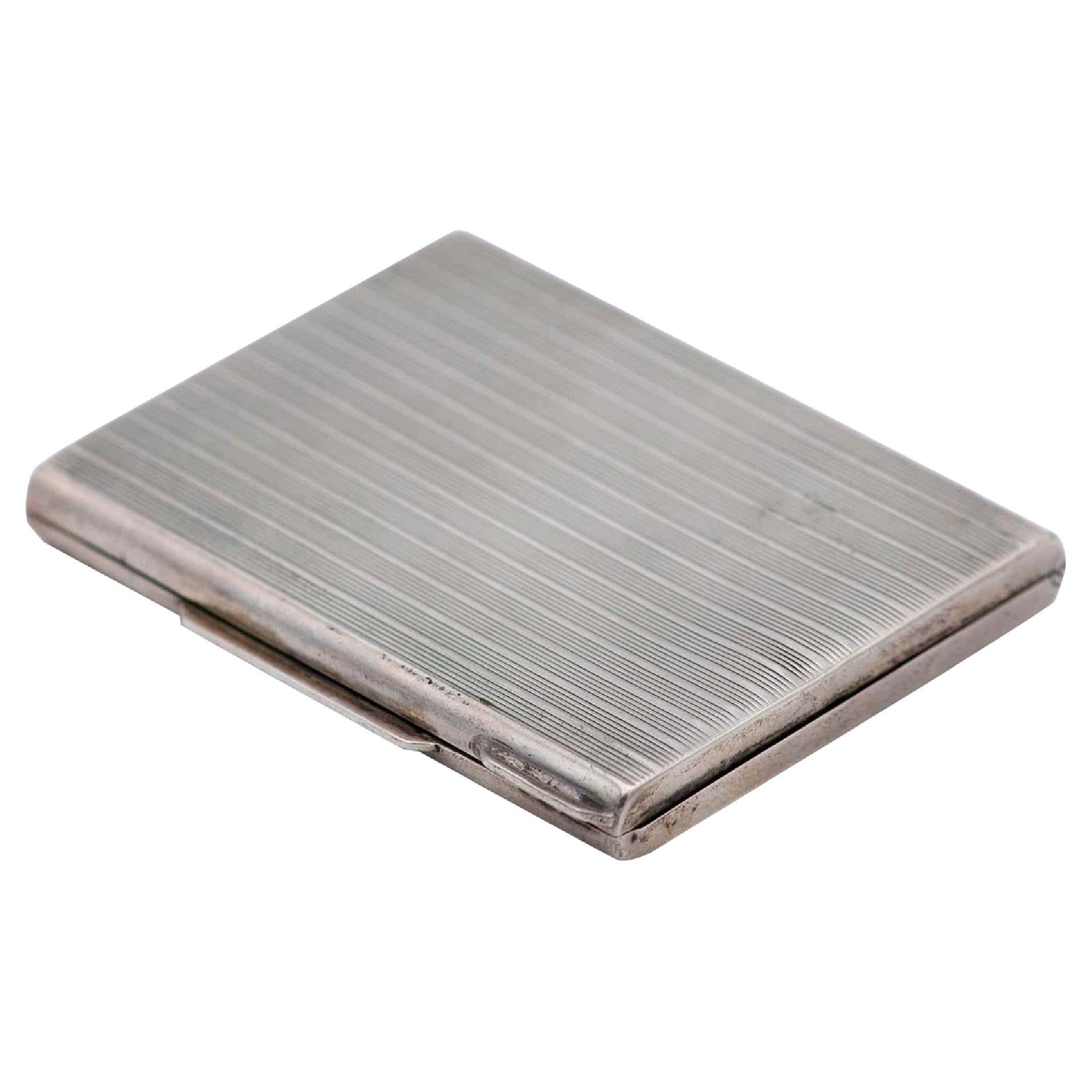 Silver cardboard box with bands on top For Sale