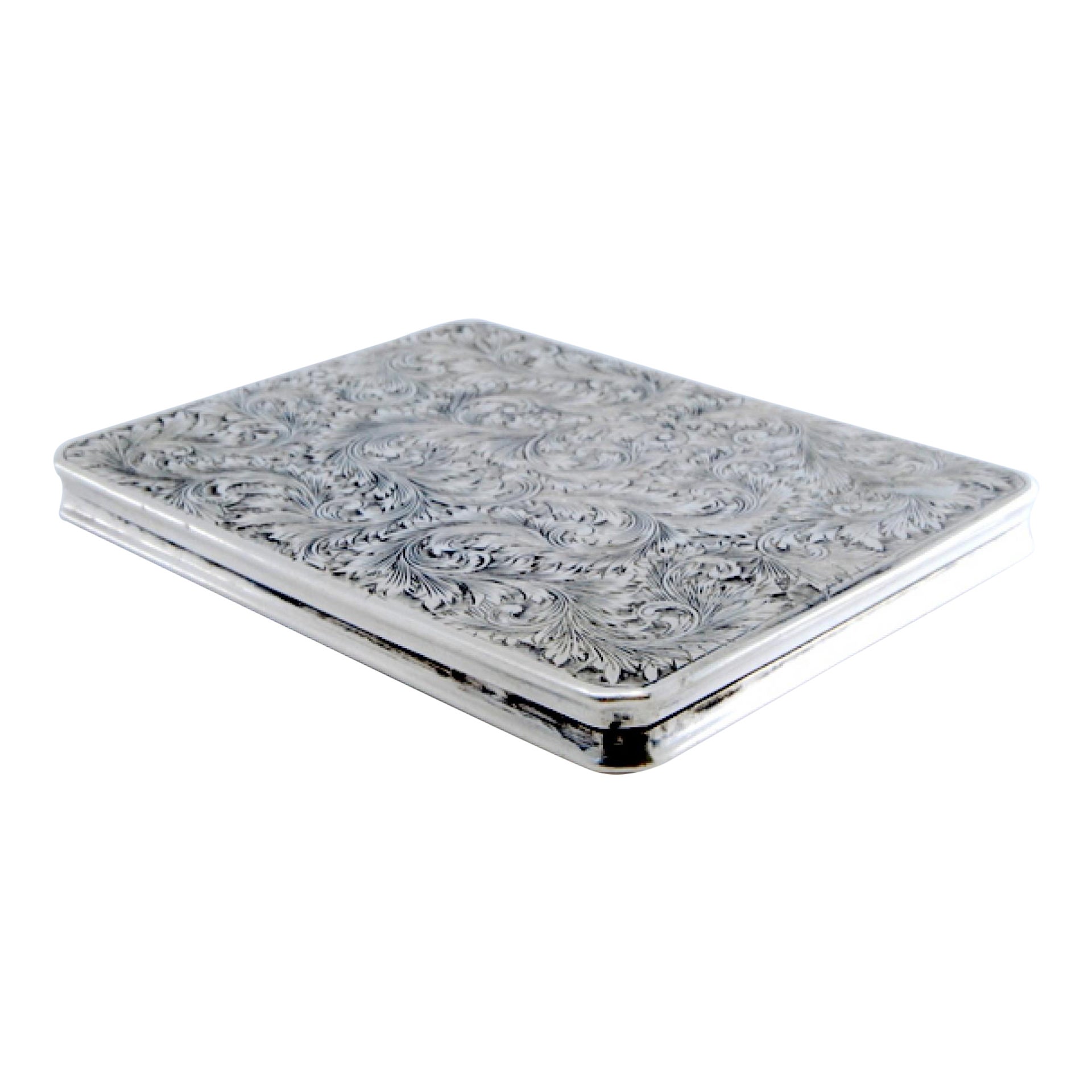 Silver cardboard box with engraved designs, hinged lid and gold interior