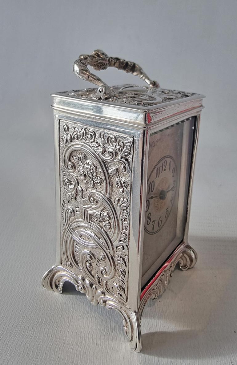 English Silver Carriage Clock in Original Case For Sale