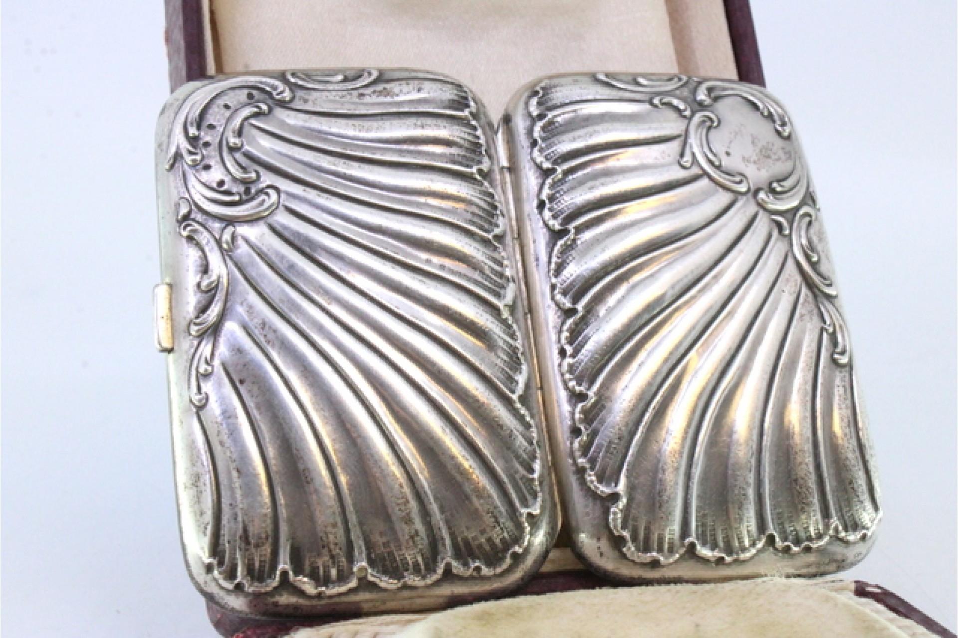 European Silver case with Art Nouveau reliefs around monogram and gold interior For Sale