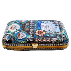 Silver case with cloisonné enamels, floral motifs and Russian-style swan