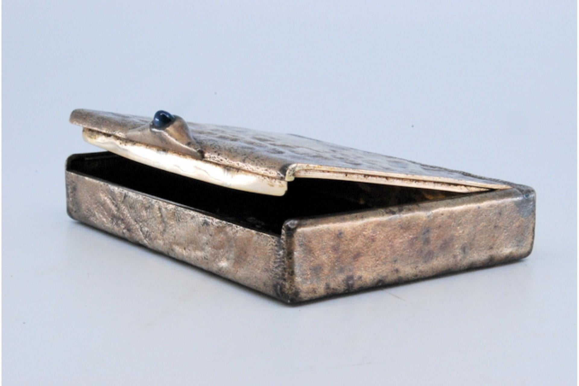 European Silver case with dark blue lid appliqué and embossed box For Sale