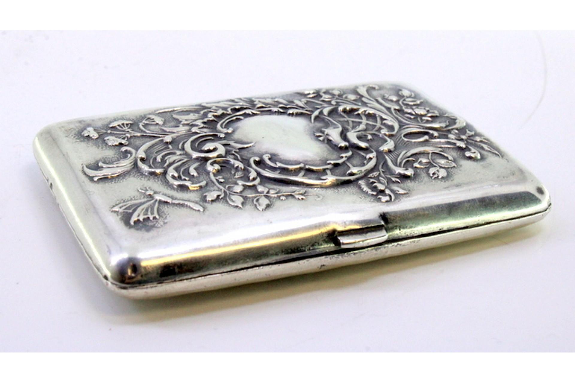 19th Century Silver case with embossed florals around monogram and hinged lid For Sale