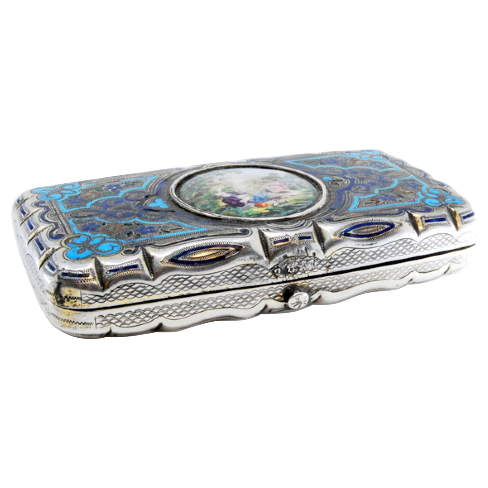 Silver case with enamelled lid/back and engraved scrolls