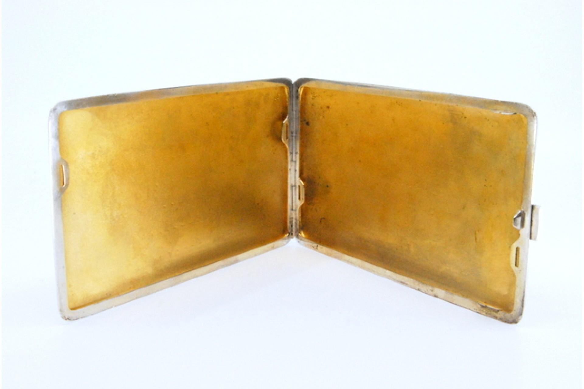 19th Century Silver case with herringbone bands, monogram, gold interior and hinged lid For Sale