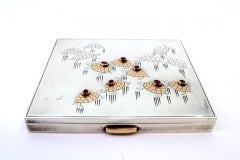 Silver case with top grooves, smooth lid, turtle engravings and cabochons