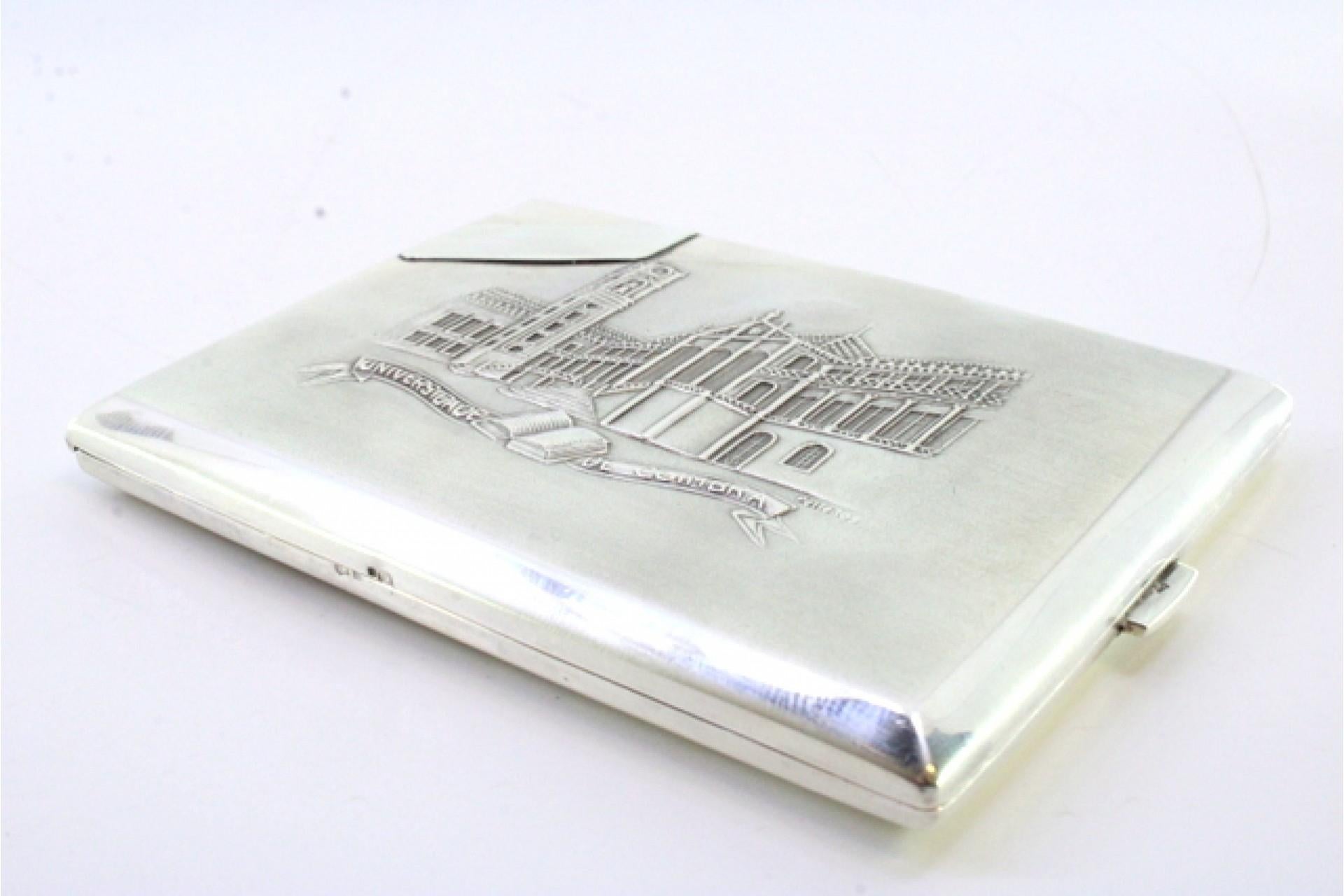 20th Century Silver case with University of Coimbra relief, monogram and gold interior For Sale