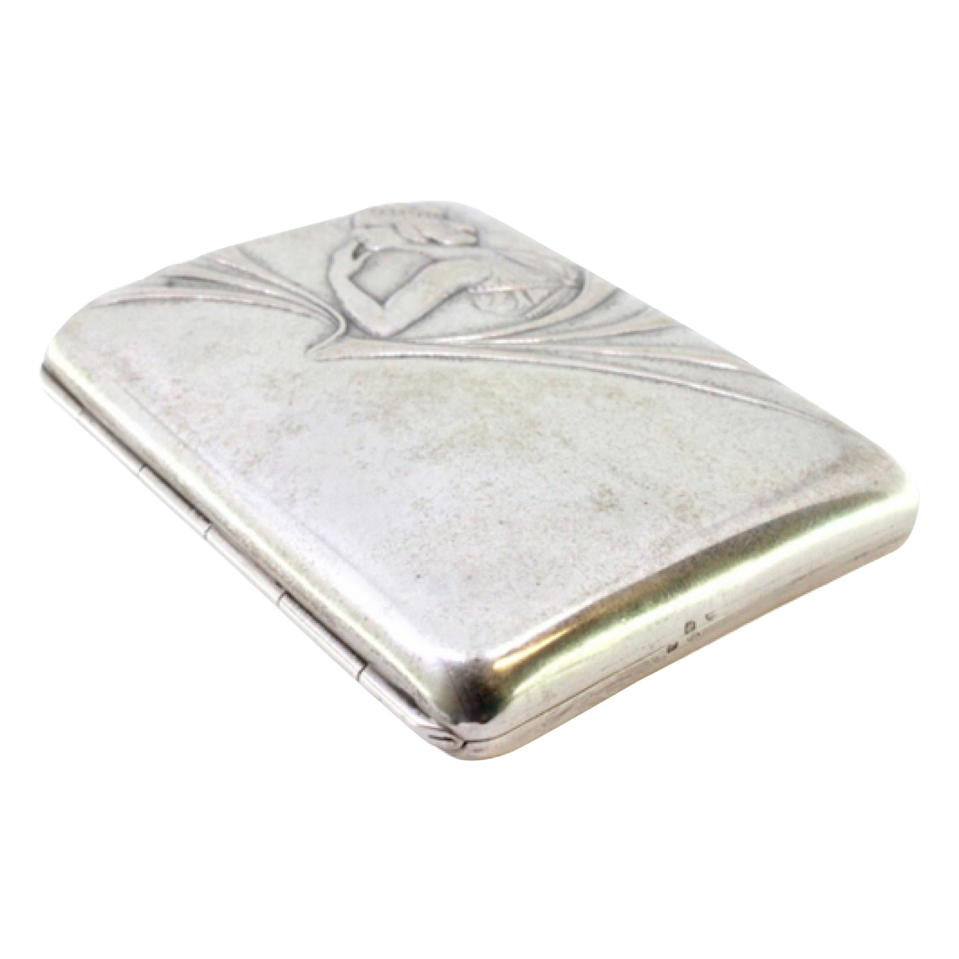 Silver case with young lady in Art Nouveau style and gold interior